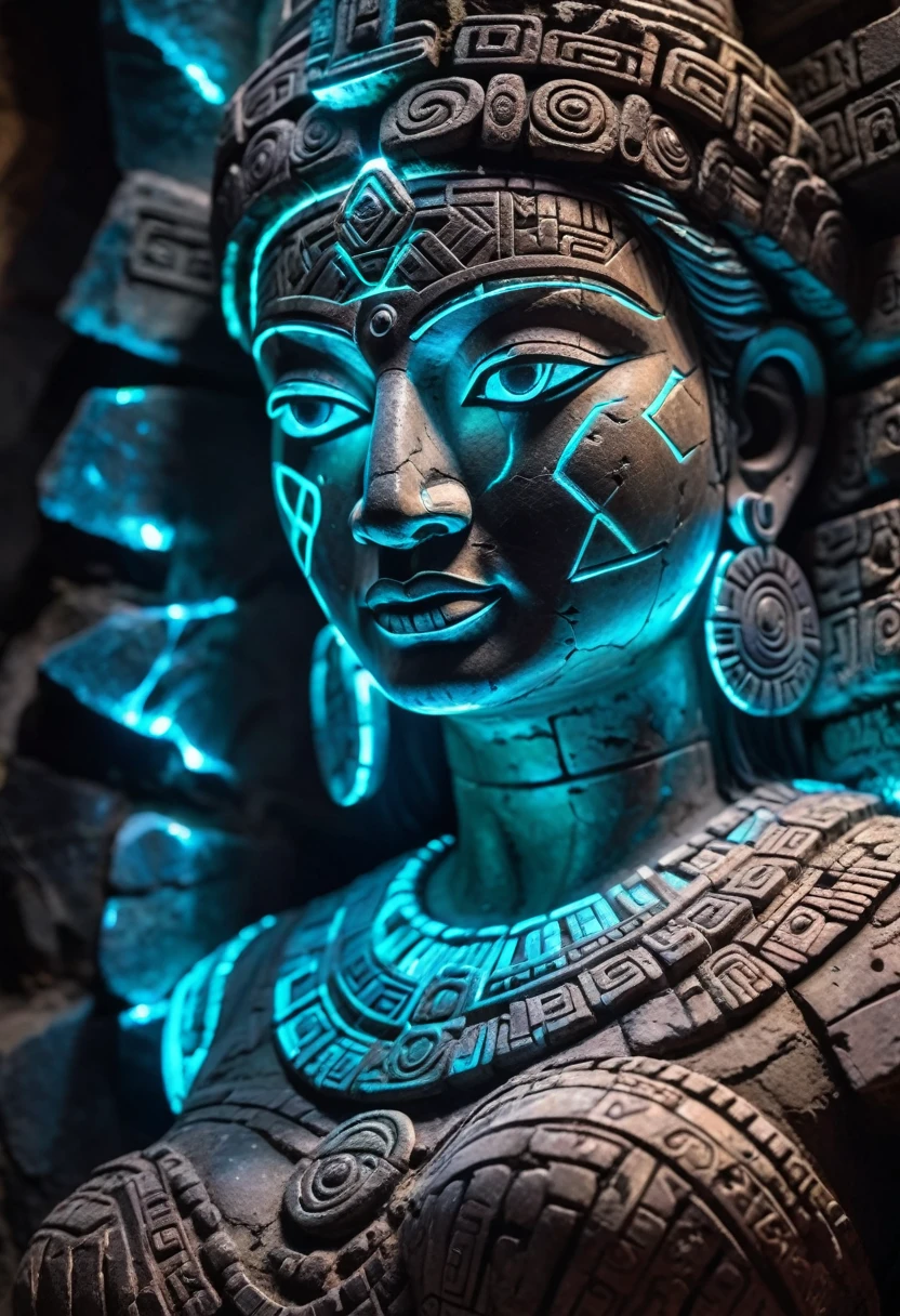Detailed close-up, Weathered Mayan statue of a woman, Close-up of complex facial features, Glowing crystal veins, Neon streaks against ancient stone, Cracked texture, Mystic energy，bust