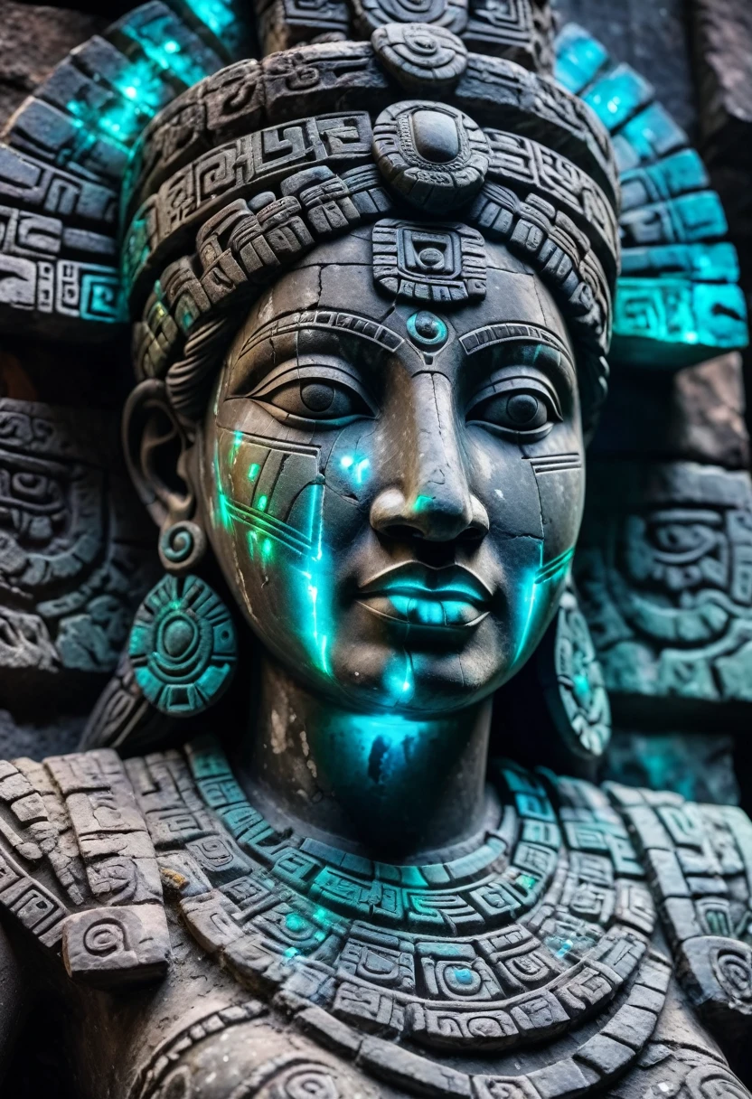 Detailed close-up, Weathered Mayan statue of a woman, Close-up of complex facial features, Glowing crystal veins, Neon streaks against ancient stone, Cracked texture, Mystic energy,bust