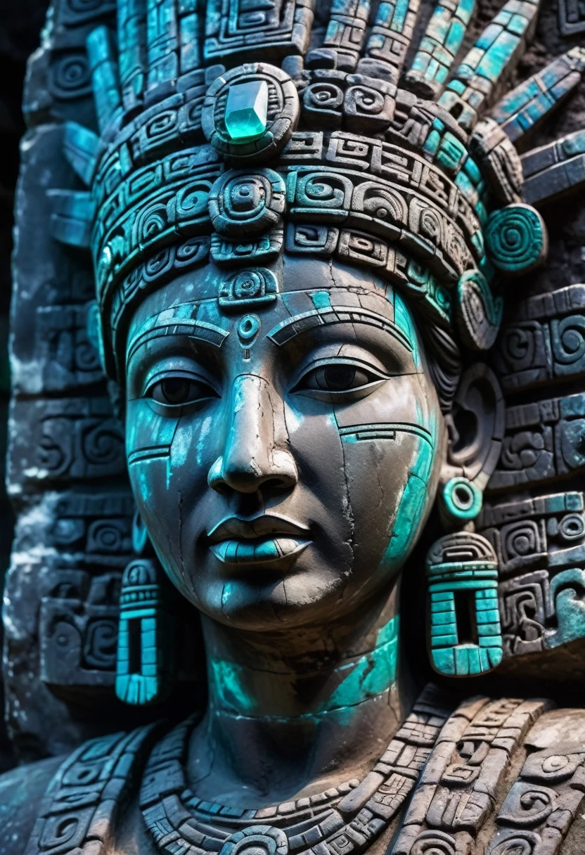 Detailed close-up, Weathered Mayan statue of a woman, Close-up of complex facial features, Glowing crystal veins, Neon streaks against ancient stone, Cracked texture, Mystic energy,bust