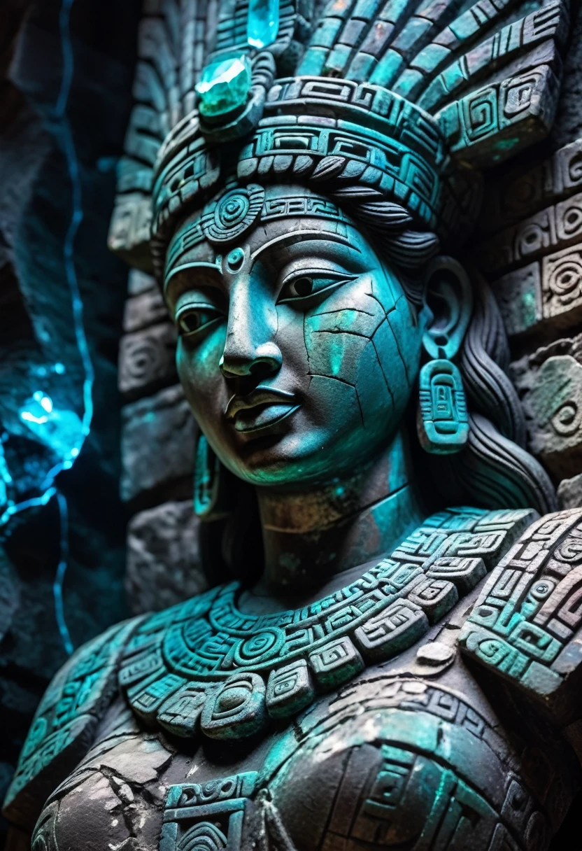 Detailed close-up, Weathered Mayan statue of a woman, Close-up of complex facial features, Glowing crystal veins, Neon streaks against ancient stone, Cracked texture, Mystic energy，bust