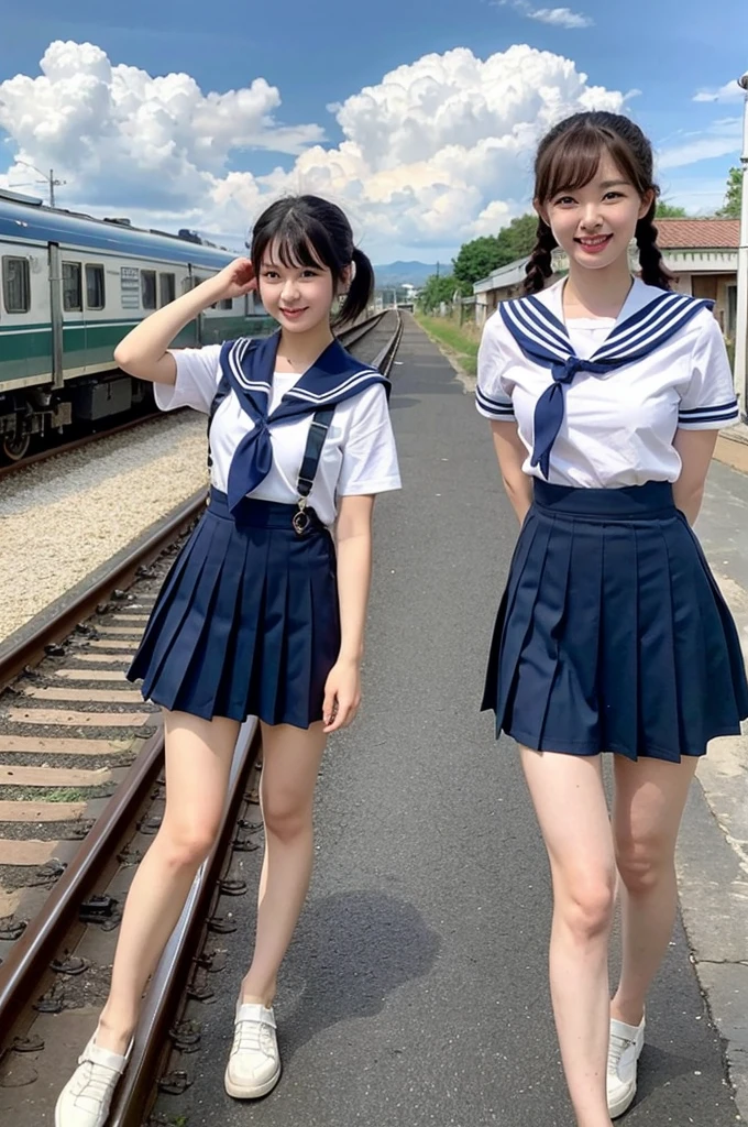 2 girls walking in rural railway station,large train,cumulonimbus cloud in summer blue sky,white sailor shirt and navy blue pleated skirt,18-year-old,bangs,a little smile,thighs,knees,wet short hair with low pigtails bunches,from beside,front light