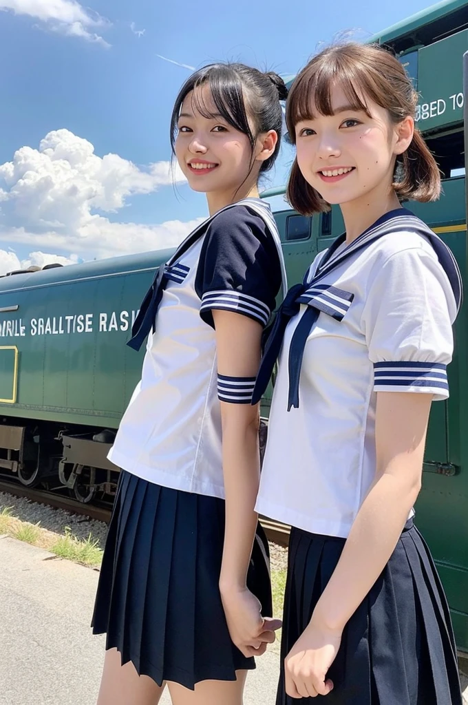 2 girls walking in rural railway station,large train,cumulonimbus cloud in summer blue sky,white sailor shirt and navy blue pleated skirt,18-year-old,bangs,a little smile,thighs,knees,wet short hair with low pigtails bunches,from beside,front light