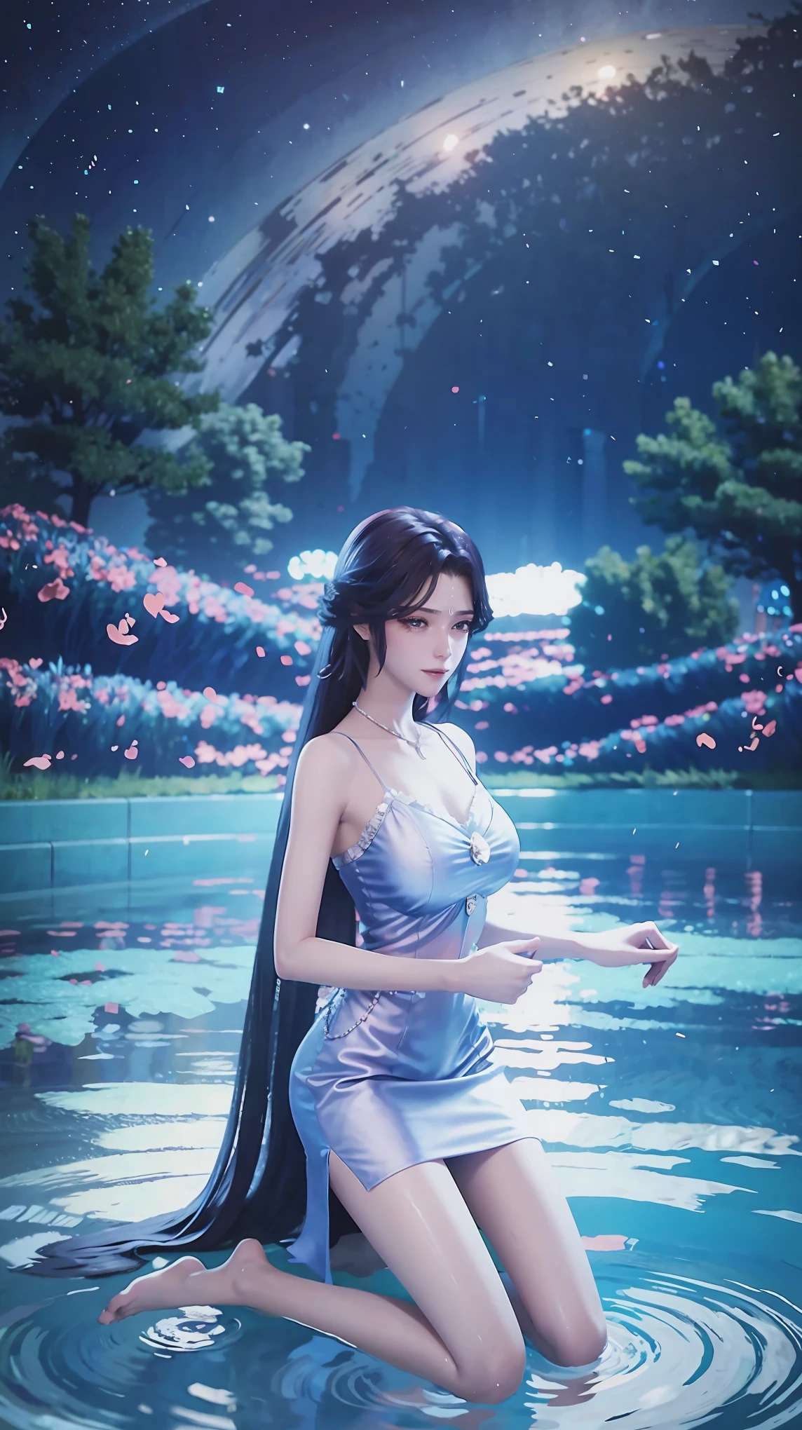 Cartoon woman kneeling on the starry sky, Water splashes at the knees，CG Social Trends, Smooth anime CG art, Starry sky background，Full body view，Royal sister kneeling posture