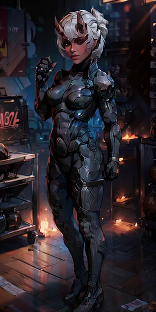 score_5_up, (1girl), ((short white hair)), ((bangs slicked back:1.3)), (black sclera:1.3), red eyes, red background, muscular female, ((bandaged arm)), ((bandaged leg)), ((black micro thong)), black sport bra, (red bead around neck), (single horn), looking at viewer, clenched teeth, standing on one leg,teep fighting stance,martial arts