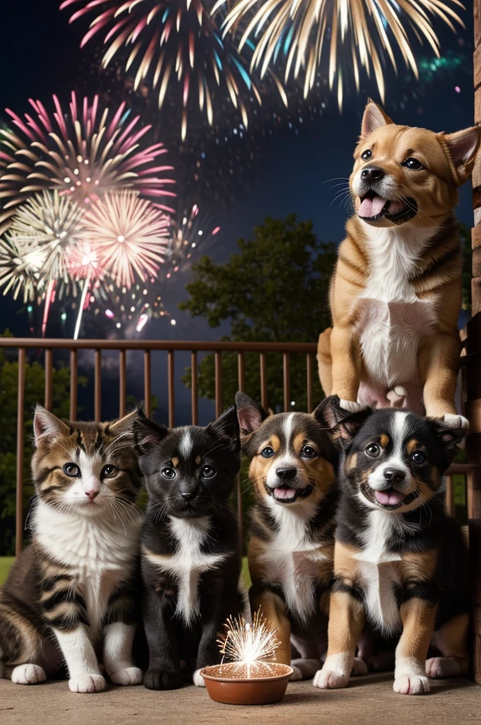 Happy puppies and kittens watching fireworks