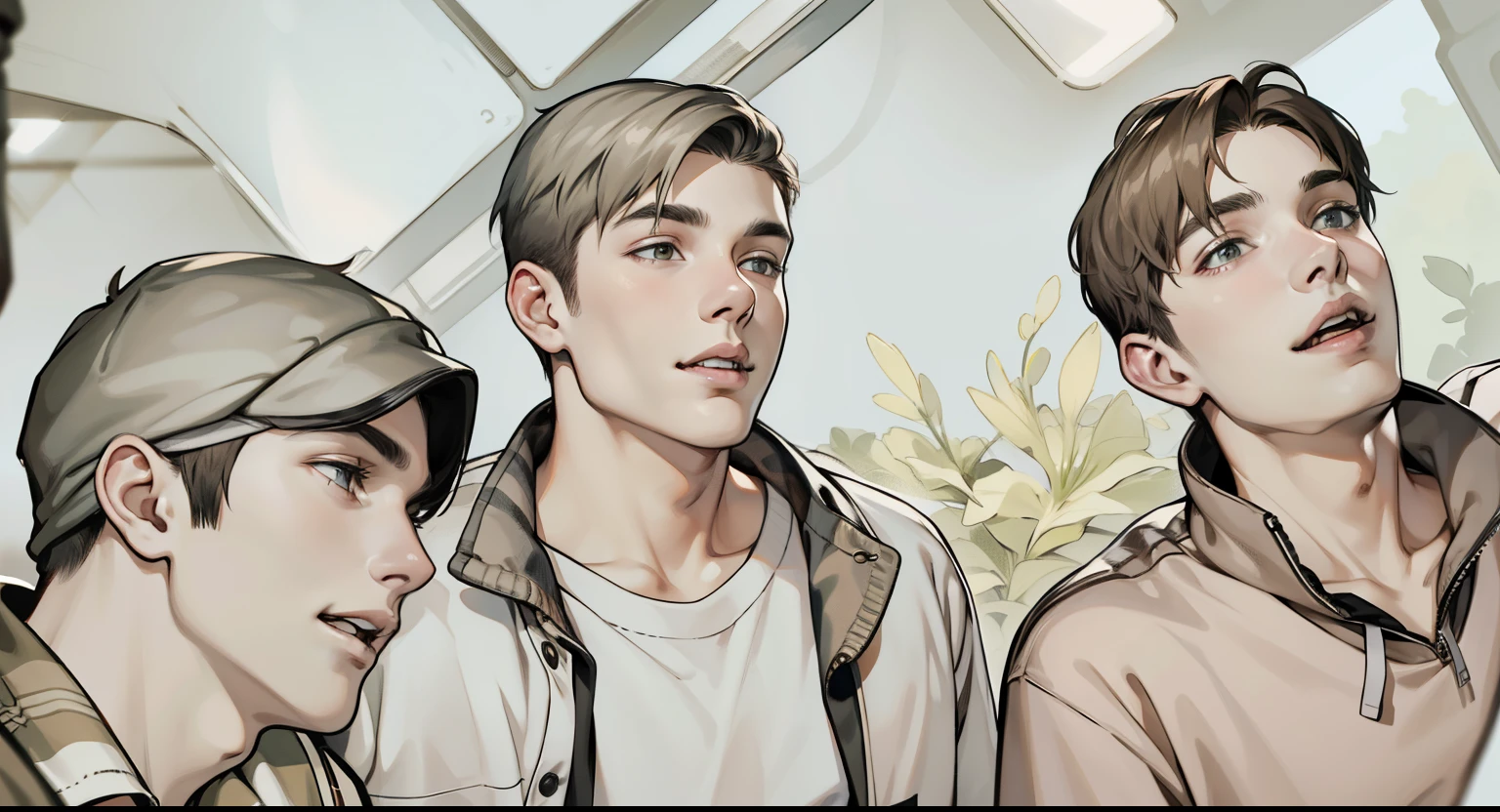 three 18 year old boys come up to look into someone's eyes, they talk, they laugh