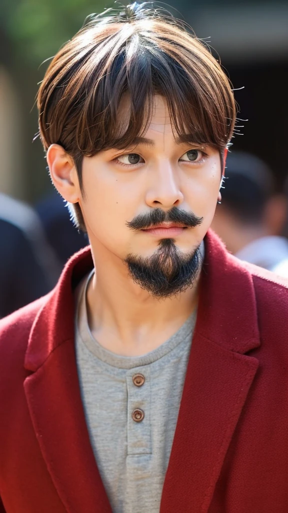 BTS boy Kim Taehyung with furrowed eyebrows, and goatee mustache