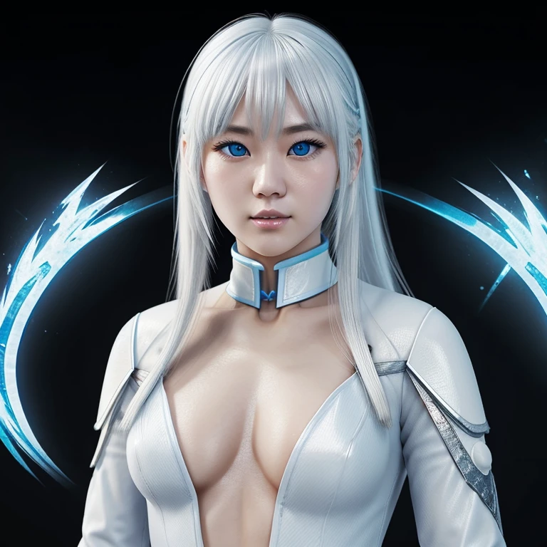 Korean girl, white long hair with bangs, icy blue eyes, white skin, white skimpy ninja suit, video game style, mortal kombat style