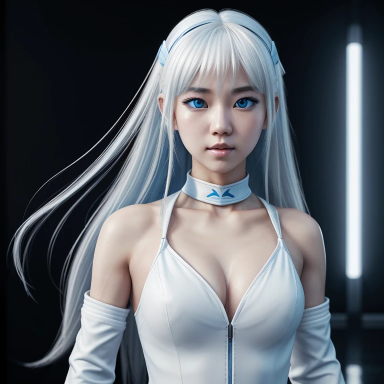 Korean girl, white long hair with bangs, icy blue eyes, white skin, white skimpy ninja suit, video game style, mortal kombat style