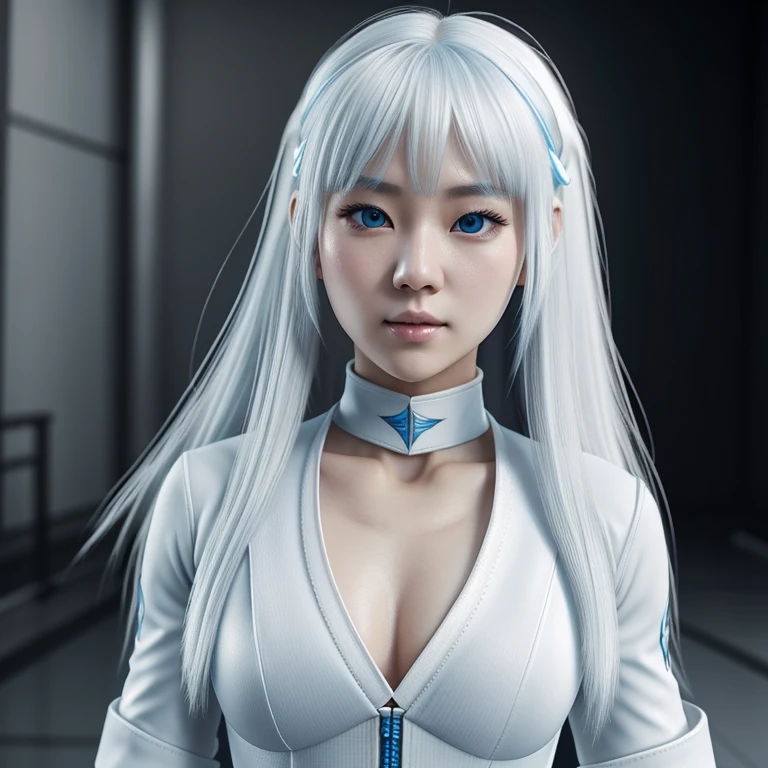 Korean girl, white long hair with bangs, icy blue eyes, white skin, white skimpy ninja suit, video game style, mortal kombat style