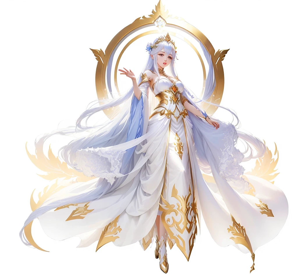 Wearing a white dress、Female anime character wearing a crown, Beautiful fantasy queen, April Rendering, heise jinyao, ((Beautiful fantasy queen)), Full body fairy, Beautiful and elegant elf queen, Portrait of the Queen of Light, Keqing from genshin impact, 《Genshin Impact》Zhongli, Anime Goddess, Greek goddess Athena