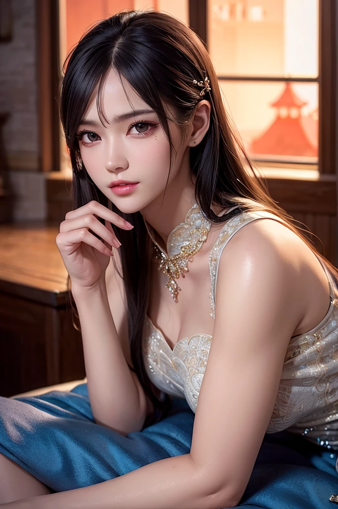 a woman in a high slit cheongsam, long beautiful legs, long hair, sensual, (best quality,4k,8k,highres,masterpiece:1.2),ultra-detailed,(realistic,photorealistic,photo-realistic:1.37),detailed face,beautiful detailed eyes,beautiful detailed lips,extremely detailed eyes and face,longeyelashes,elegant pose,dramatic lighting,intricate fabric details,glowing skin,vivid colors,cinematic composition