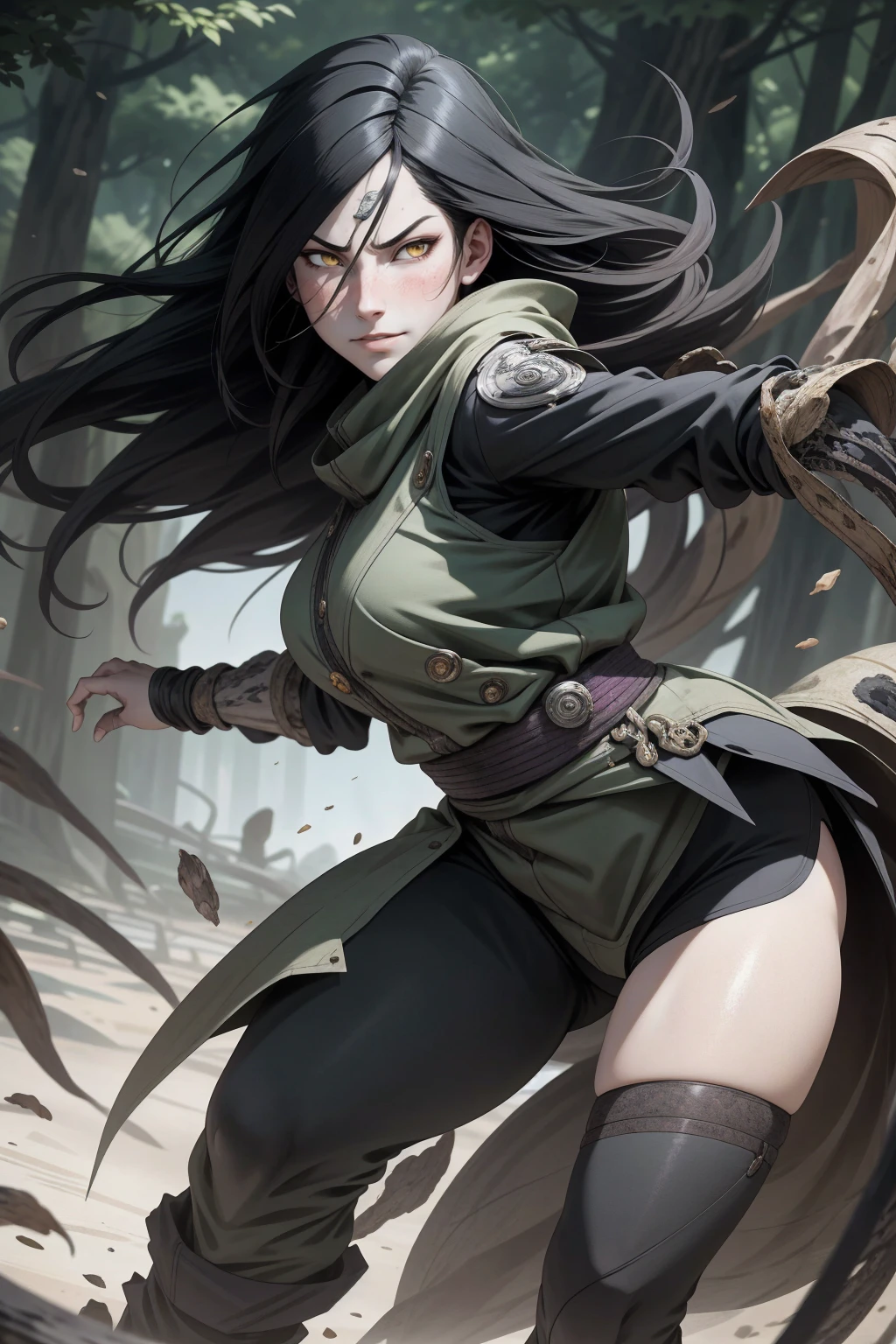 {-erro_de_anatomia:1.0} estilo anime, Masterpiece, absurdities, Orochimaru\(Naruto\), 1girl Solo, Mature woman, Oversized shirt with broad shoulders, Perfect composition, Detailed lips, large breasts, Beautiful face, body proportion, Blush, Long black hair, ( black hair), yellow eyes, (sexy), Soft gauze, Super realistic, Detailed, photo shoot, Realistic faces and bodies, masterpiece, best quality, best illustration, hyper detailed, 1 girl, solo, glamorous, blushing, whole body, fighting, on nature, backwards, looking back, dimanic poses