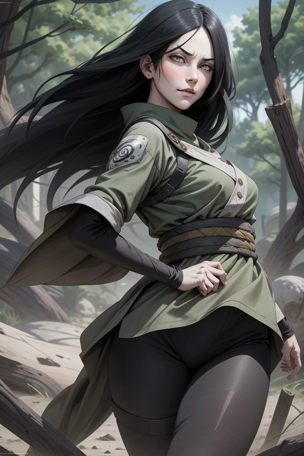 {-erro_de_anatomia:1.0} estilo anime, Masterpiece, absurdities, Orochimaru\(Naruto\), 1girl Solo, Mature woman, Oversized shirt with broad shoulders, Perfect composition, Detailed lips, large breasts, Beautiful face, body proportion, Blush, Long black hair, ( black hair), yellow eyes, (sexy), Soft gauze, Super realistic, Detailed, photo shoot, Realistic faces and bodies, masterpiece, best quality, best illustration, hyper detailed, 1 girl, solo, glamorous, blushing, whole body, fighting, on nature, backwards, looking back, dimanic poses