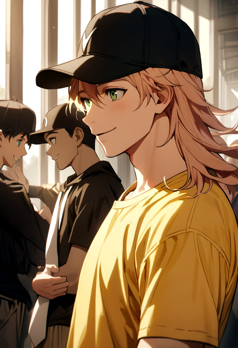 The boy had apricot hair, neck-length hair, green eyes, wearing a black baseball cap, yellow t-shirt, black long-sleeved shirt inside, and a white tie around his waist, smile