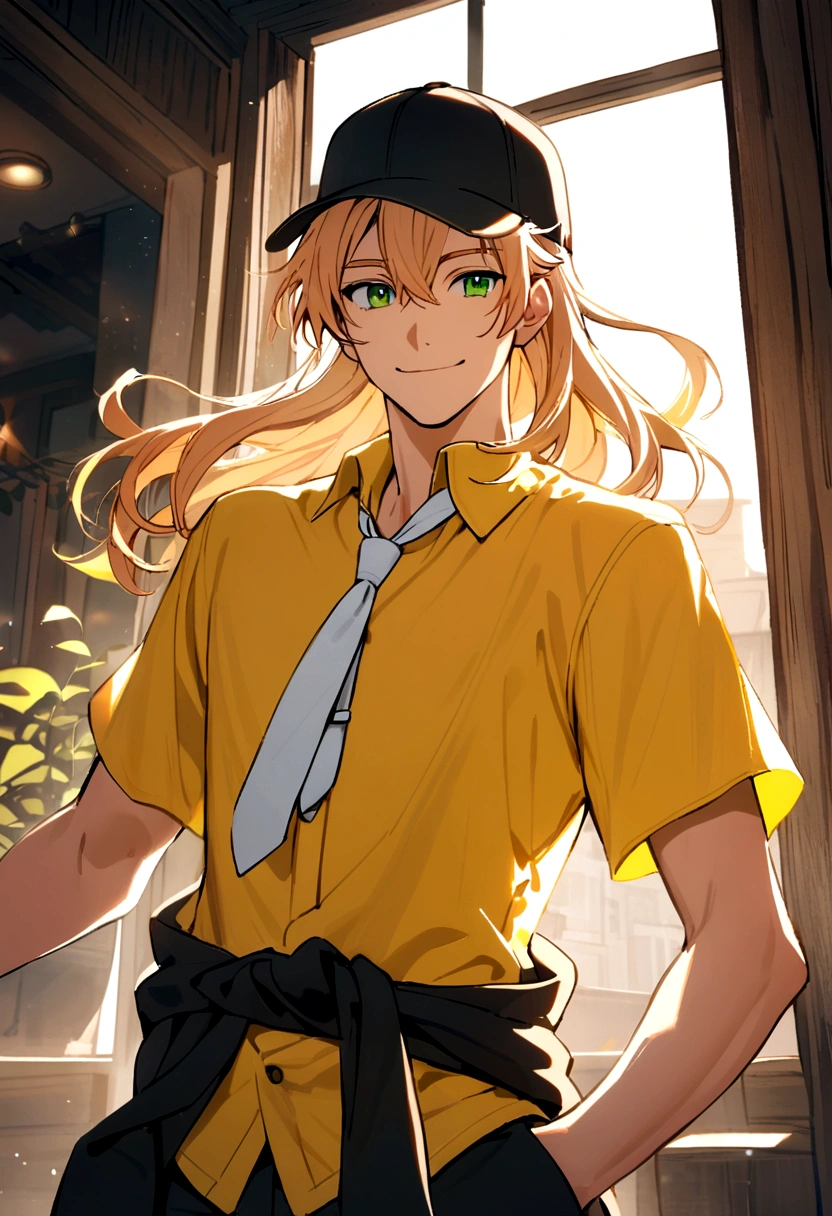 The boy had apricot hair, neck-length hair, green eyes, wearing a black baseball cap, yellow t-shirt, black long-sleeved shirt inside, and a white tie around his waist, smile