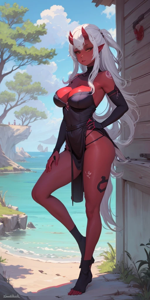 best quality, masterpiece, score_9, score_8_up, score_7_up, score_6_up, source_anime, BREAK, 1girl, (female goblin), colored skin, ((red skin)), long pointy ears, (shortstack:1.3), big breasts, long hair, white hair, bobcut, red eyes, oni horns, smug, pink maid outfit, sarashi, red details, (sakura tree), floating pink petals, wind, outdoors, solo, BEDROOM BACKGROUND