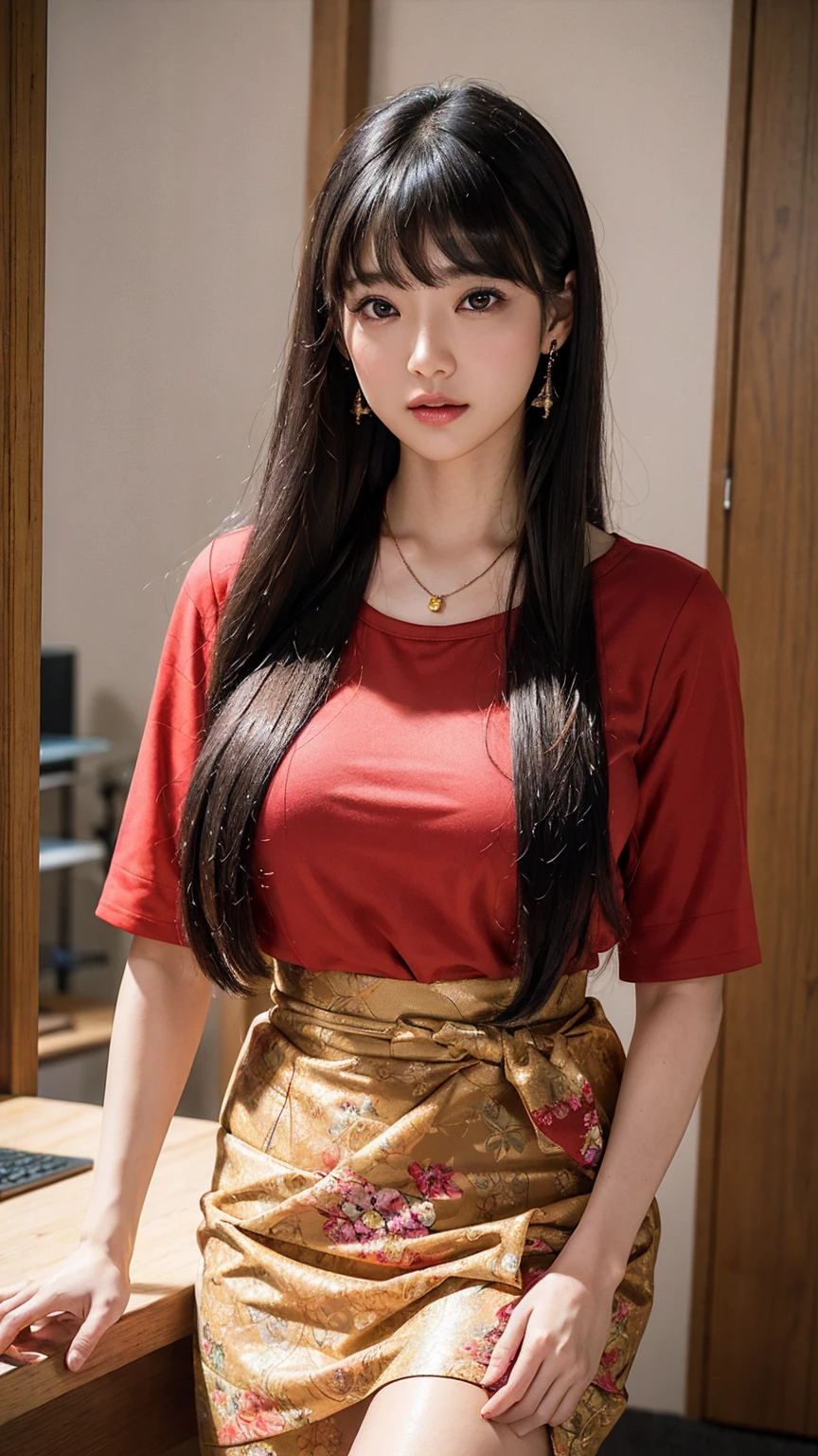 Background office,Looking at the audienceください、Depth of written boundary,ボケ Depth of written boundary,The light goes down,Beautiful Japanese women in their fifties、
(Girl in office clothes、Red Shirt、Black Skirt)、Brown eyes、(Long-haired、Black-haired、Very straight hair:1.4)、(Hime cut:1.4)、earring necklace、
Realistic details、Glowing Skin、Perfect body、Beautiful back、Wide waist、colorful、Looking at the audience、Surreal、from the front、Traditional Media、(chromatic aberration、Intricate details)、Dynamic Pose、Dynamic Angle、
40k、Hmph、High Resolution、