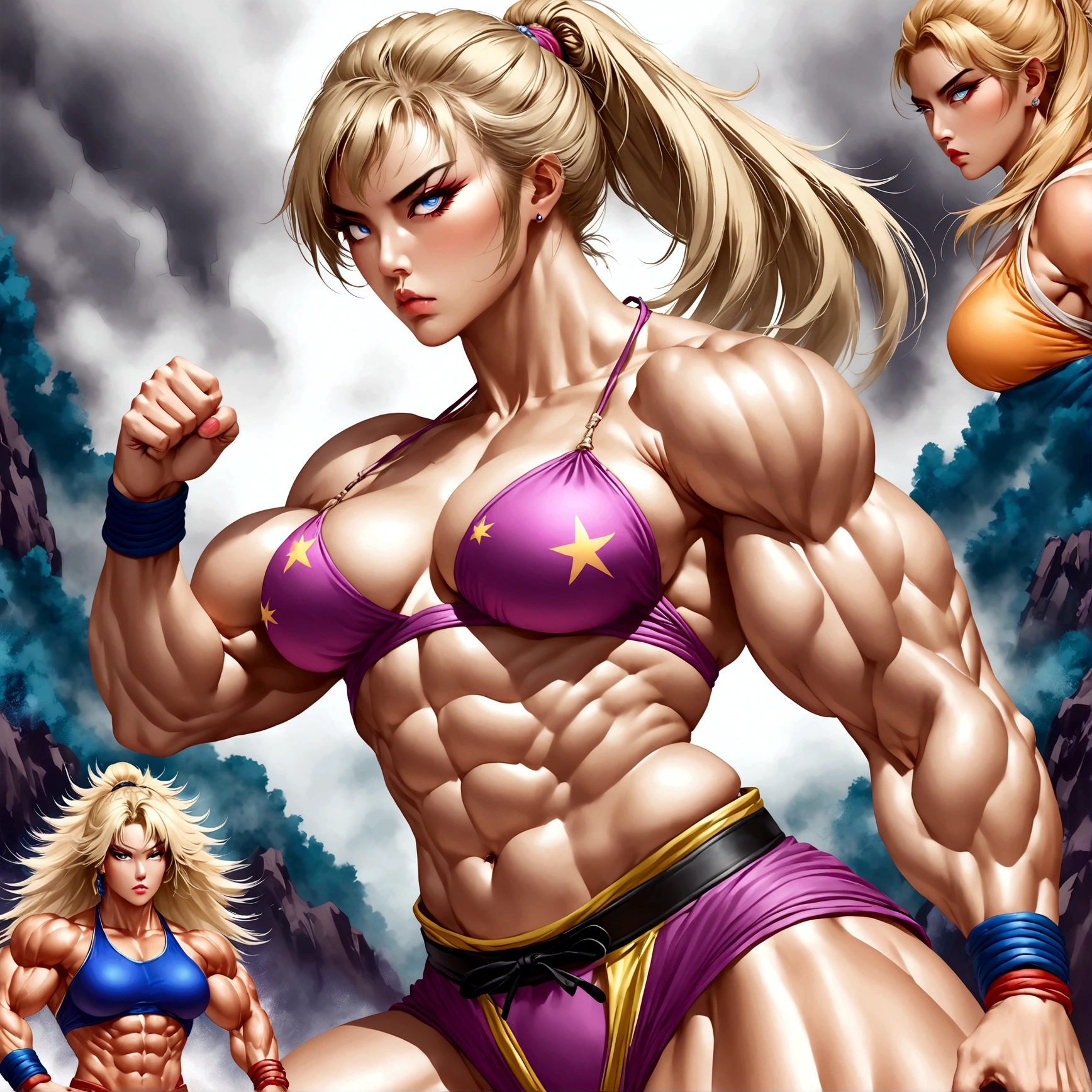 Muscular female bodybuilder, model, wrestler, known as Christine Rocks, standing at 5’5”, weighing 148 lbs, martial artist master, orange gi with black belt, intense fighting stance, swept back blond hair, fierce gaze, dynamic Tiger Stripe background, detailed muscles, powerful physique, Japanese artist Shinkiro's style, realistic with a touch of anime, detailed line work, vibrant colors, energetic pose, digital illustration, high resolution, dramatic lighting emphasizing muscles and intensity.