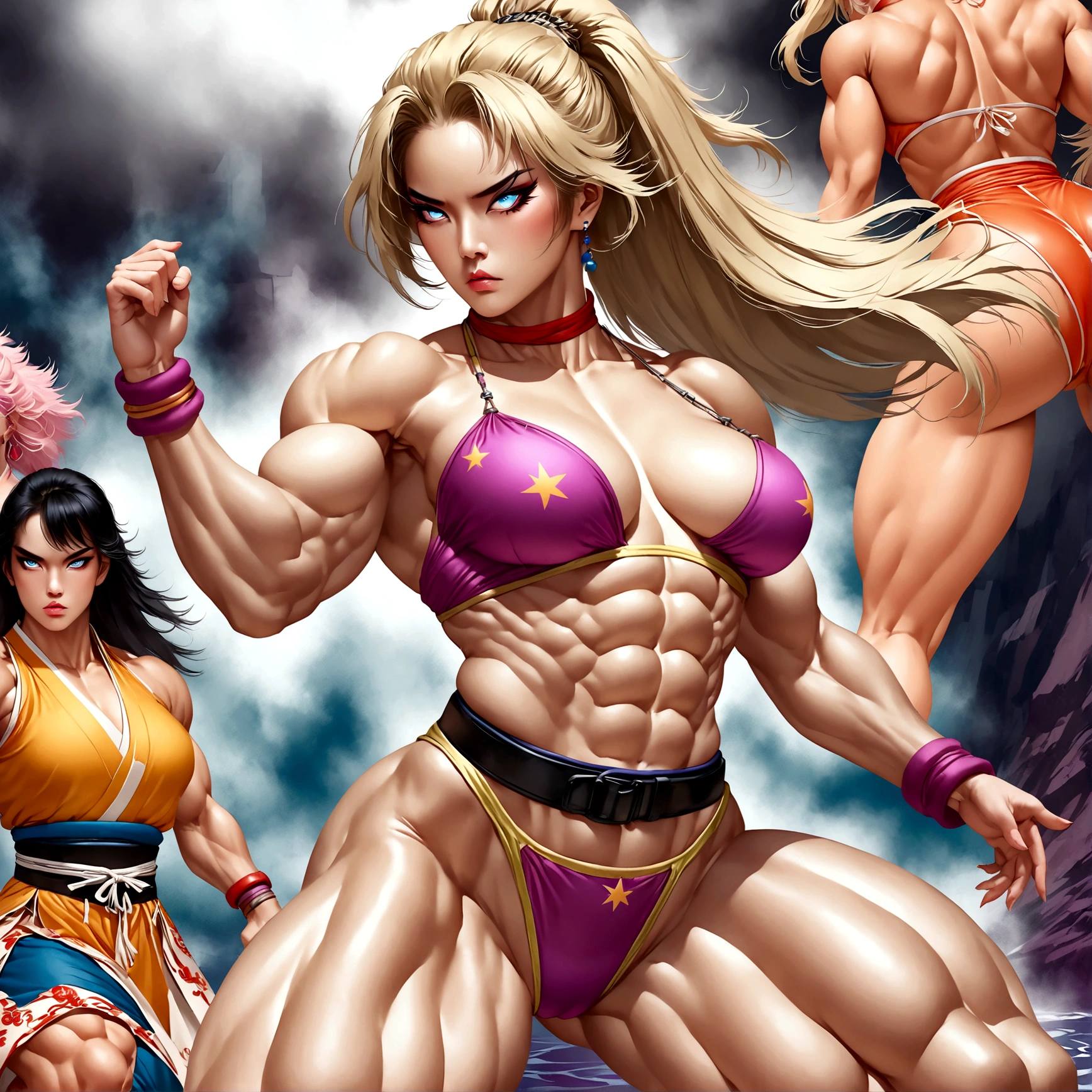 Muscular female bodybuilder, model, wrestler, known as Christine Rocks, standing at 5’5”, weighing 148 lbs, martial artist master, orange gi with black belt, intense fighting stance, swept back blond hair, fierce gaze, dynamic Tiger Stripe background, detailed muscles, powerful physique, Japanese artist Shinkiro's style, realistic with a touch of anime, detailed line work, vibrant colors, energetic pose, digital illustration, high resolution, dramatic lighting emphasizing muscles and intensity.