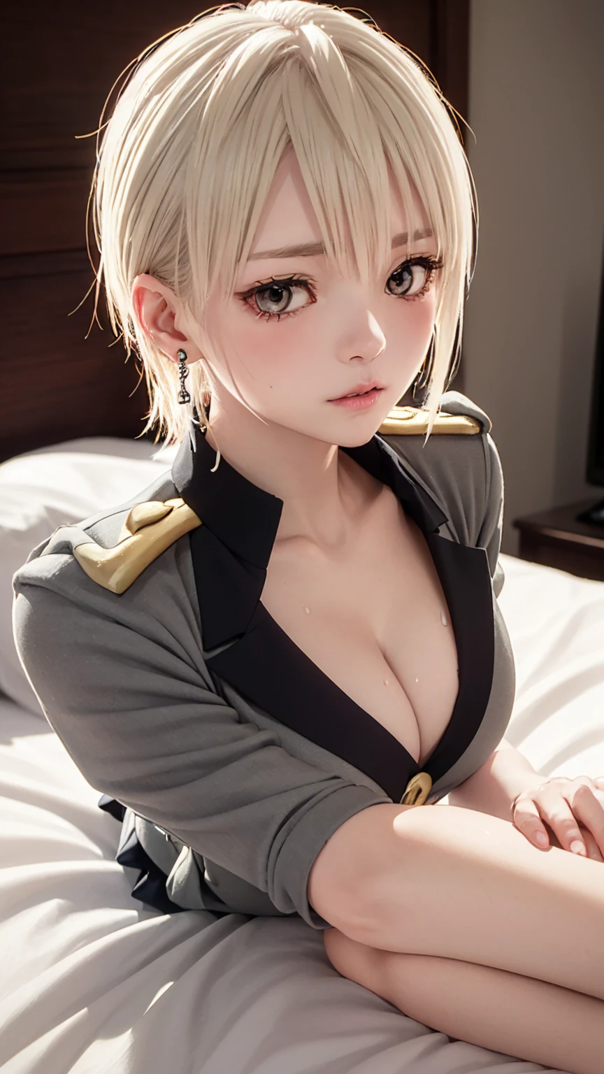 (masterpiece: 1.3), (Maximum resolution: 1.2), (Ultra HD TV: 1.2), Cinematic Light, 8K resolution, Detailed facial features , (Sharp focus: 1.2),Perfect Style, Beautiful Face, Acura, Anatomically correct, Highly detailed face and skin quality感, Beautiful Eyes,ThroughkBright Eyes, Natural Cheeks, Glowing Skin, (Glossy Lips: 1.4),、 (A shameful expression: 1.2),Highly detailed face and skin quality, Natural Cheeks, , Glossy Lips,Exposed cleavage、(White mucus on chest:1.6)(White mucus on thighs:1.6)、 blush、Humiliating、Exposed shorts、Wet underwear、shame、Please open your knees、dissatisfaction、anger、tears、sorrow、Glaring at the camera、Spread your legs、、Sparkly little earrings and necklace、Disheveled clothes、stockings、Drenched in sweat、stockings 、Long Hair、32 years old, Clean woman,1 person、 first class cabin、On the bed(On my back, Lying down in bed, Lying down in bedいる, Lying down, White sheets:1.3)、blonde、Blonde、Blue-gray eyes、Green-gray eyes,(Miniskirt military uniform:1.4)、scarf、dissatisfaction、Masturbate、Beautiful nipples exposed、Soft Breasts、Healthy legs、Bare thighs、lean on the sofa with your knees raised