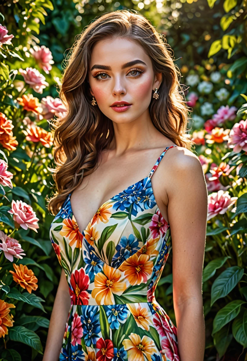 a woman in a dress with floral pattern, realistic, photorealistic, high quality, detailed, intricate floral dress, beautiful detailed eyes, beautiful detailed lips, extremely detailed face and skin, long eyelashes, elegant pose, sunlight, outdoor garden, colorful flowers, lush greenery, vibrant colors, soft lighting, cinematic, award winning photograph