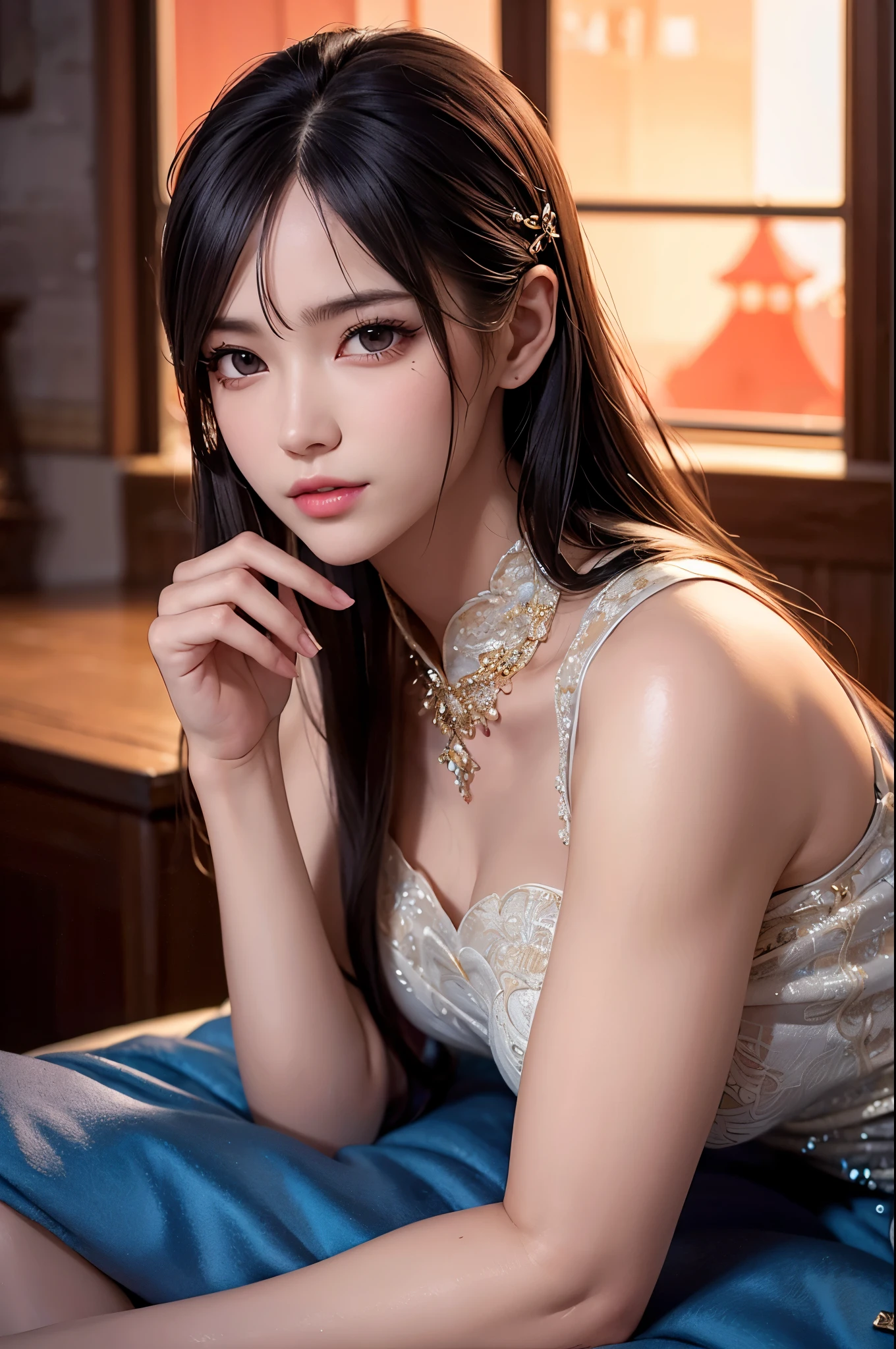 a woman in a high slit cheongsam, long beautiful legs, long hair, sensual, (best quality,4k,8k,highres,masterpiece:1.2),ultra-detailed,(realistic,photorealistic,photo-realistic:1.37),detailed face,beautiful detailed eyes,beautiful detailed lips,extremely detailed eyes and face,longeyelashes,elegant pose,dramatic lighting,intricate fabric details,glowing skin,vivid colors,cinematic composition