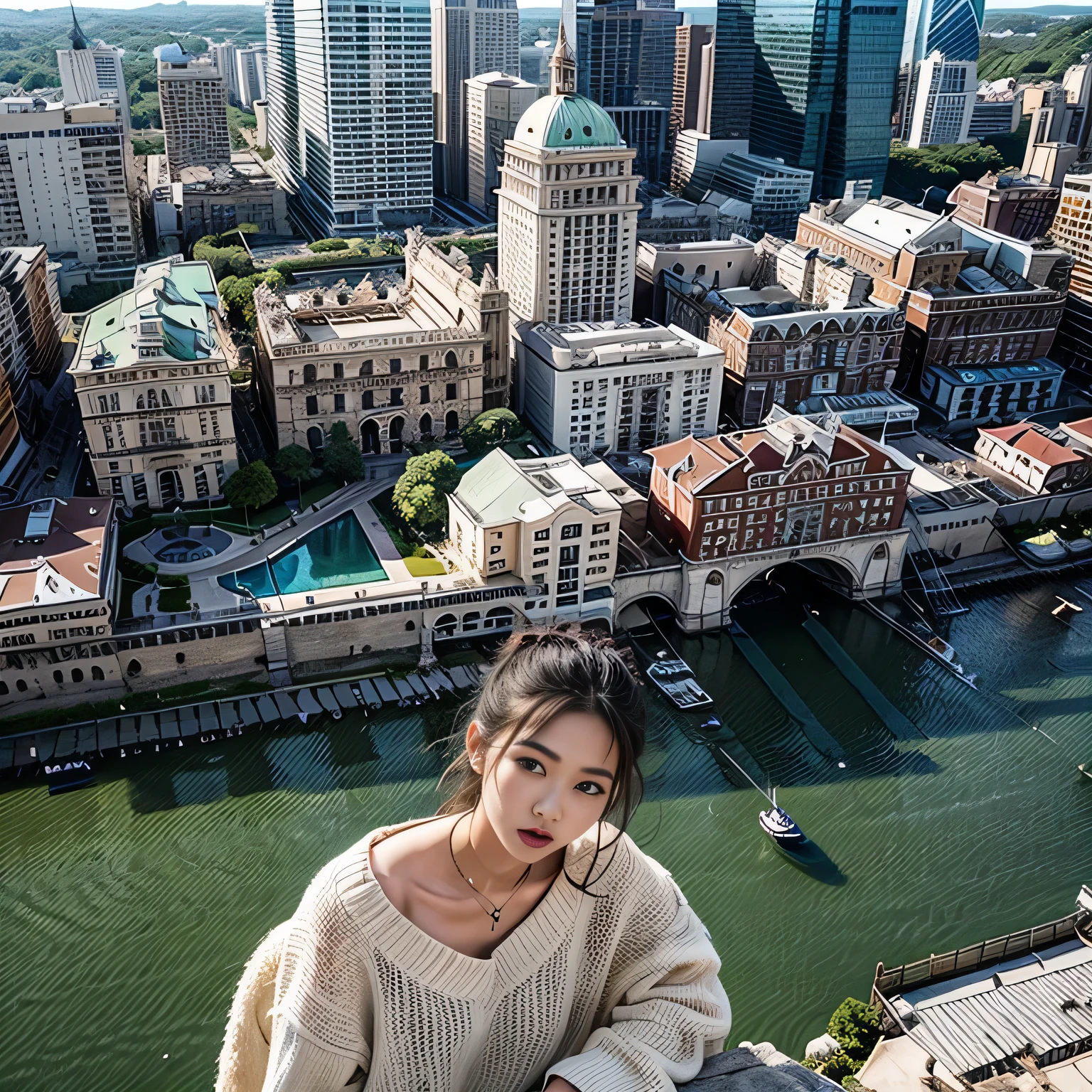 best quality, ultra-detailed, buildings, (1girl, lake:1.1)