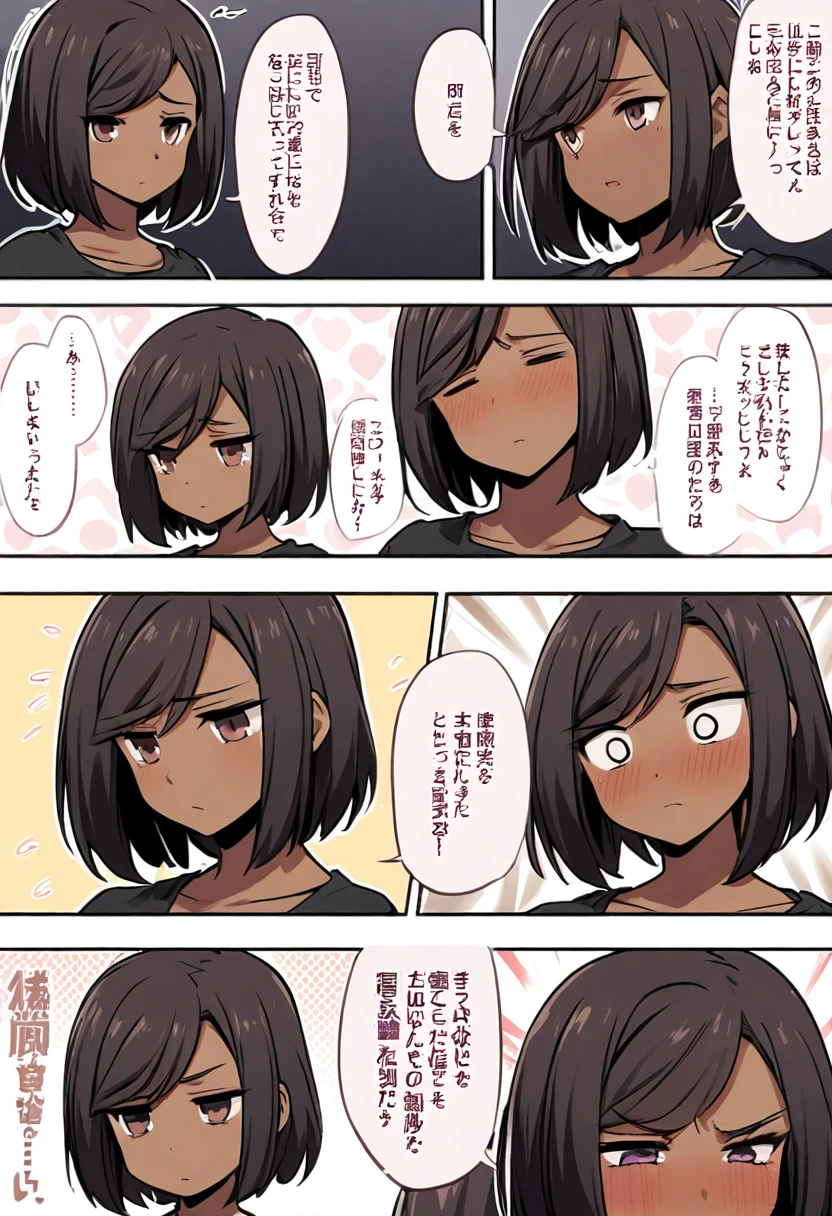 Dark-skinned girl，Shy, shy，Medusa style，short hair，黑色short hair，Natural expression，one person，comics