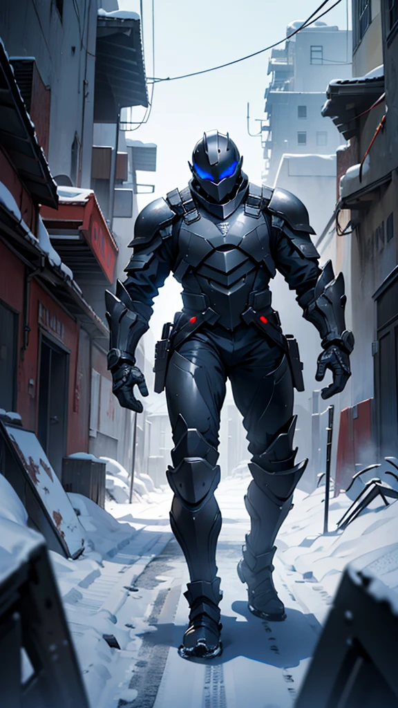 1 person，Full body black tight armor suit，Detailed helmet，male，Heavy snow all around，ruins，End of the World