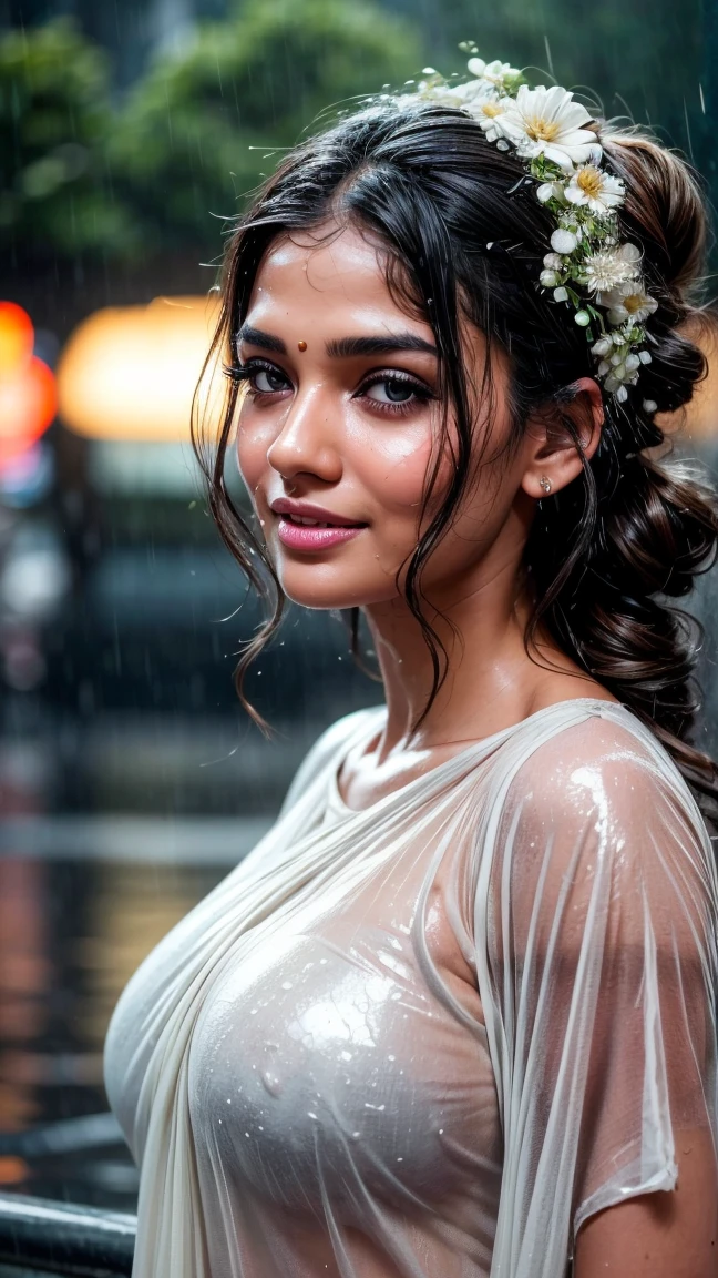 A masterpiece! A stunning Indian girl, her disheveled hair a testament to the torrential rain that surrounds her. Beautiful, detailed eyes sparkle with joy as she gazes directly at the viewer, her long locks tied back in a neat bun. She wears a casual t-shirt, slightly transparent from the wetness, and her medium-round breasts are subtly visible beneath. In a side pose, she revels in the heavy rain shower, her big cheeks flushed with happiness. The street background is a blurred Bokeh, while raindrops glisten on her skin, capturing the essence of a carefree rainy day.rain drops,paid girl , heavy rain, slightly show half nipple , very sexy (conveying love to boy friend) flowers on head 