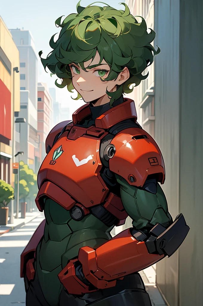 dark green hair, green eyes, smiling, curly hair, mature male, lean build, white shirt, short length hair, on the street, arms in pockets, red and black power armor