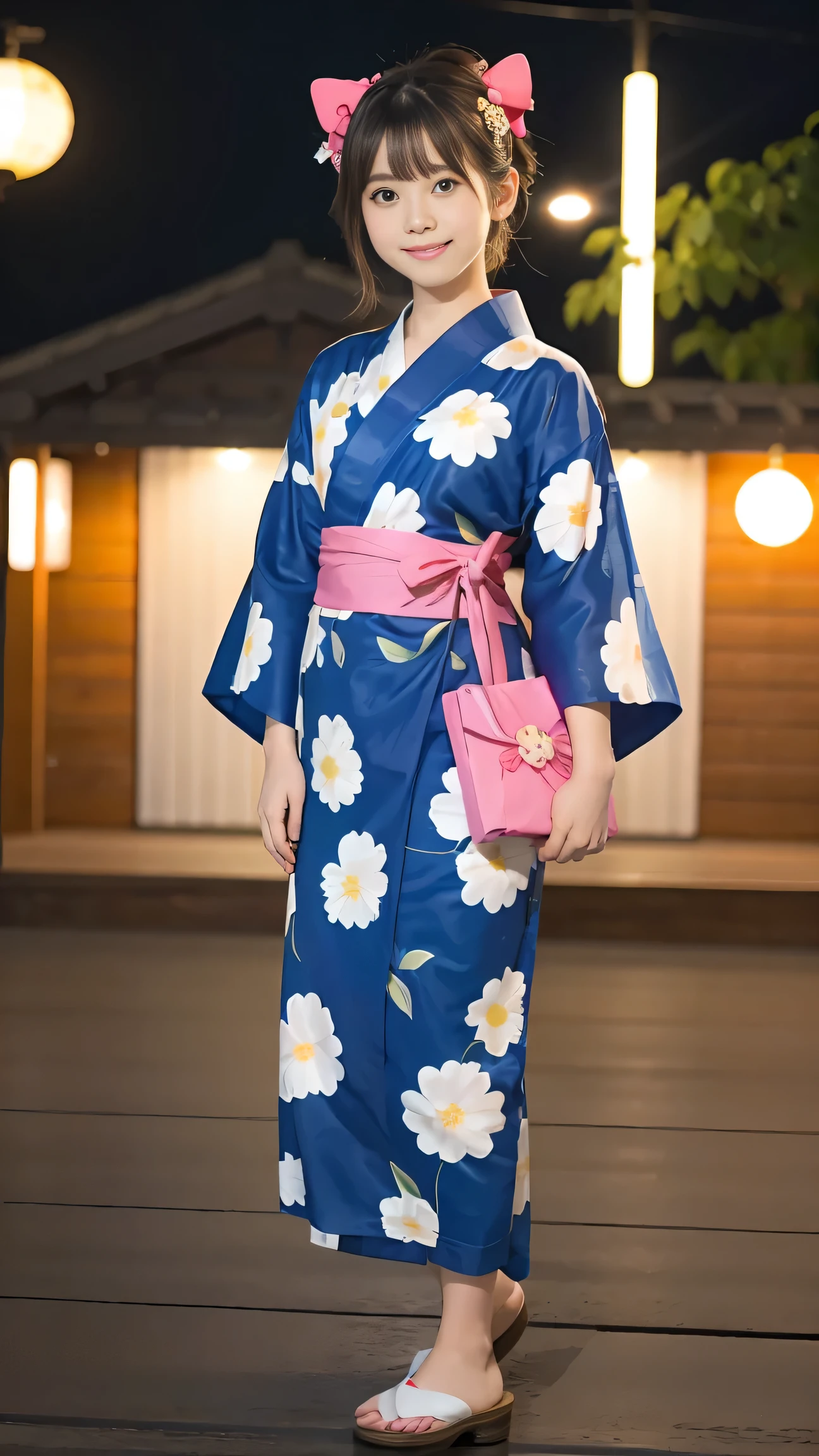 Wearing clogs、Full Body、Beautiful yukata girl、 The background is a rural night Bon Odori dance、Hello Kitty patterned yukata

