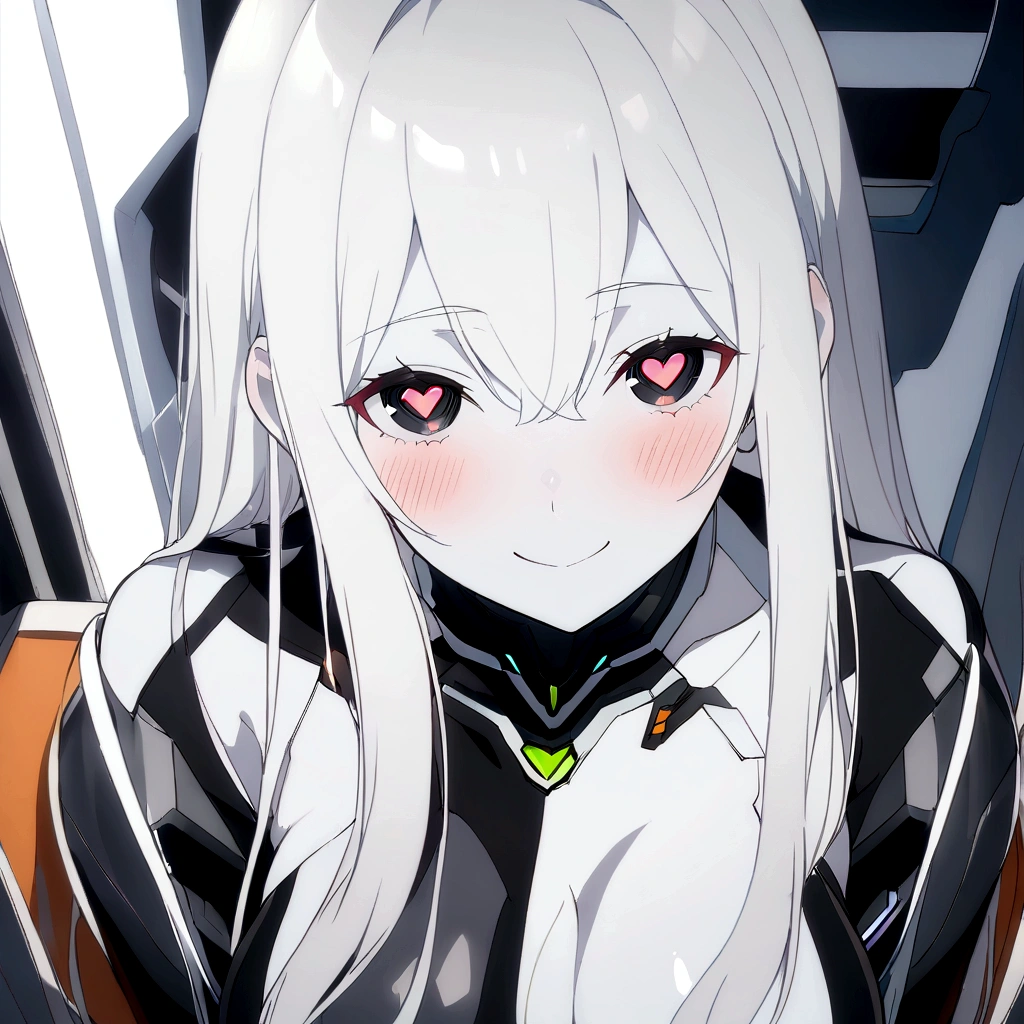 Masterpiece, High quality, High quality of art, anime lineart, 1girl,white hair, black eyes, white eyebrow, red eyeshadow, Tall, black cyber clothers, light gray cyber pants, big hips, big chest, very blush, white hearts in eyes, in future base, looking at viewer, smile, white skin, white hearts in eyes 