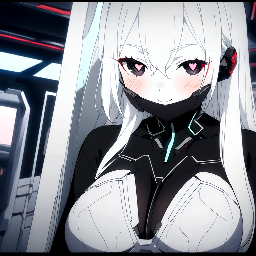 Masterpiece, High quality, High quality of art, anime lineart, 1girl,white hair, black eyes, white eyebrow, red eyeshadow, Tall, black cyber clothers, light gray cyber pants, big hips, big chest, very blush, white hearts in eyes, in future base, looking at viewer, smile, white skin, white hearts in eyes