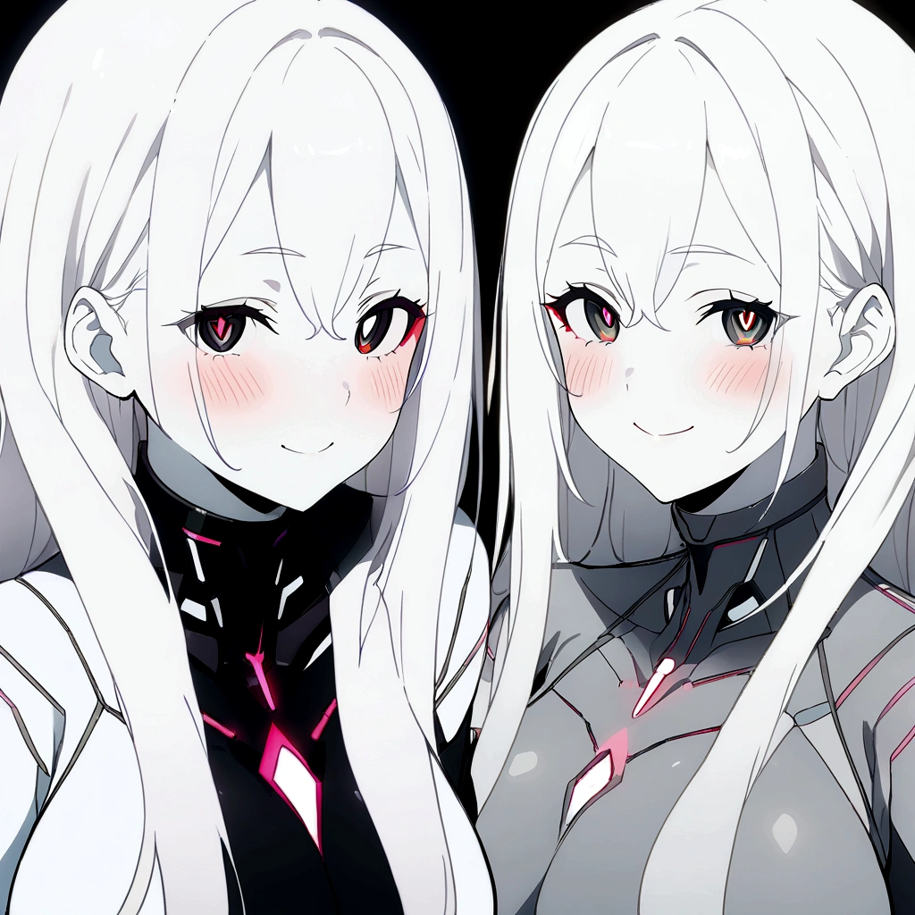 Masterpiece, High quality, High quality of art, anime lineart, 1girl,white hair, black eyes, white eyebrow, red eyeshadow, Tall, black cyber clothers, light gray cyber pants, big hips, big chest, very blush, white hearts in eyes, in future base, looking at viewer, smile, white skin, white hearts in eyes 