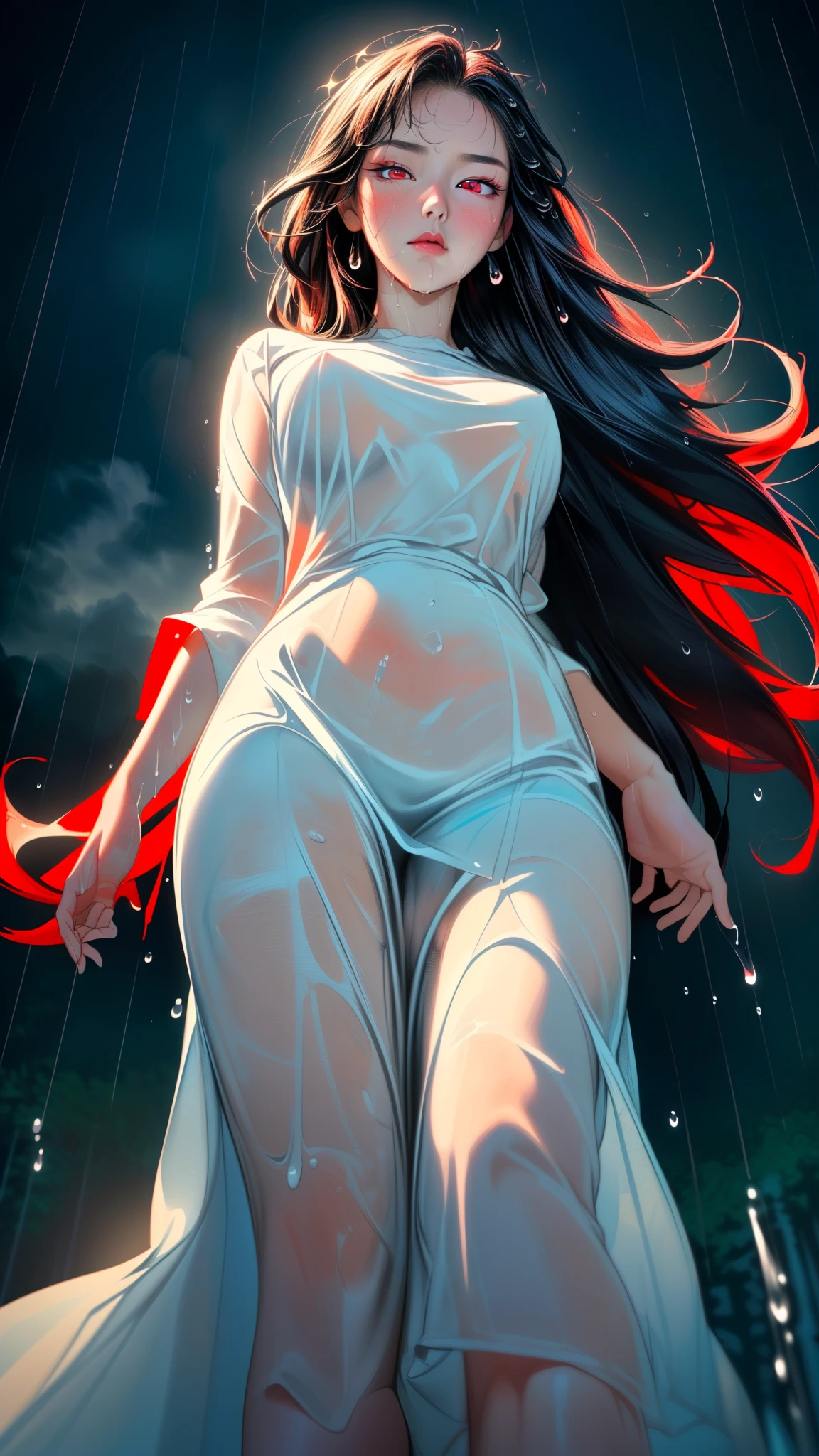 (Highest picture quality), (Master's work), (ultra-detailed), the portrait is centered, 1girl, raiden shogun, (wet clothes), blush, hips, ((from below:1.7), (water drop, (rain), (outdoors), stained, wet hair, wet dress, wet, scenery, (long hair), nature background, close up, ((on back)), water, in water, masterpiece, best quality, ultra high res, highly detailed, (abstract expressionism art:1.4), [girl | fire ghost:10], love, sparking fire red eyes, dark rainbow theme, colorful, visually stunning, beautiful, gorgeous, emotional, intricate, perferct shading, cartoon style, disney style