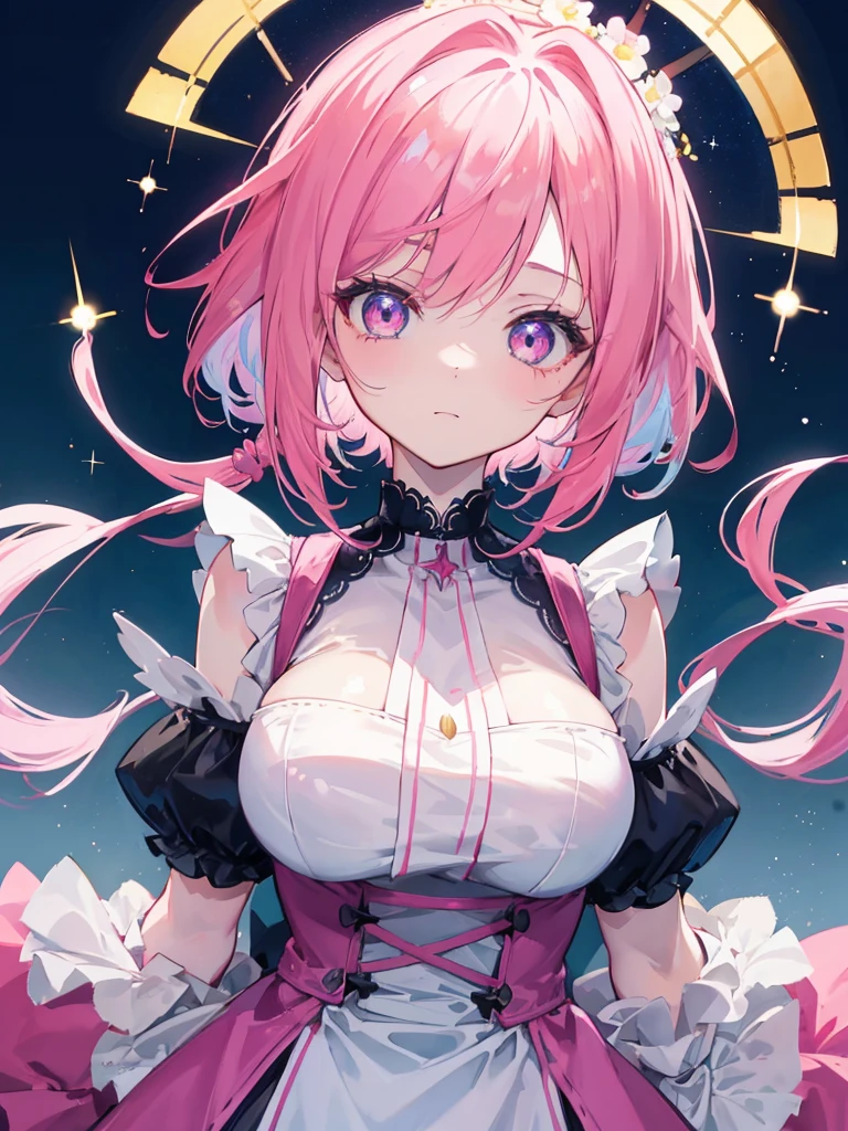 1girl, portrait, loli anime with short pink hair wearing maid outfit, pink hair with few pieces of blue hair, pink eyes, close up face, detailed eyes, detailed hair, emotional lovely happy expression, crystal glowing eyes, cinematic lighting, extremely detailed body, face, clothes, (best quality,4k,8k,highres,masterpiece:1.2),ultra HD, masterpiece, very very anime style, bokeh, starry shining lighting, original characters, with no boobs.