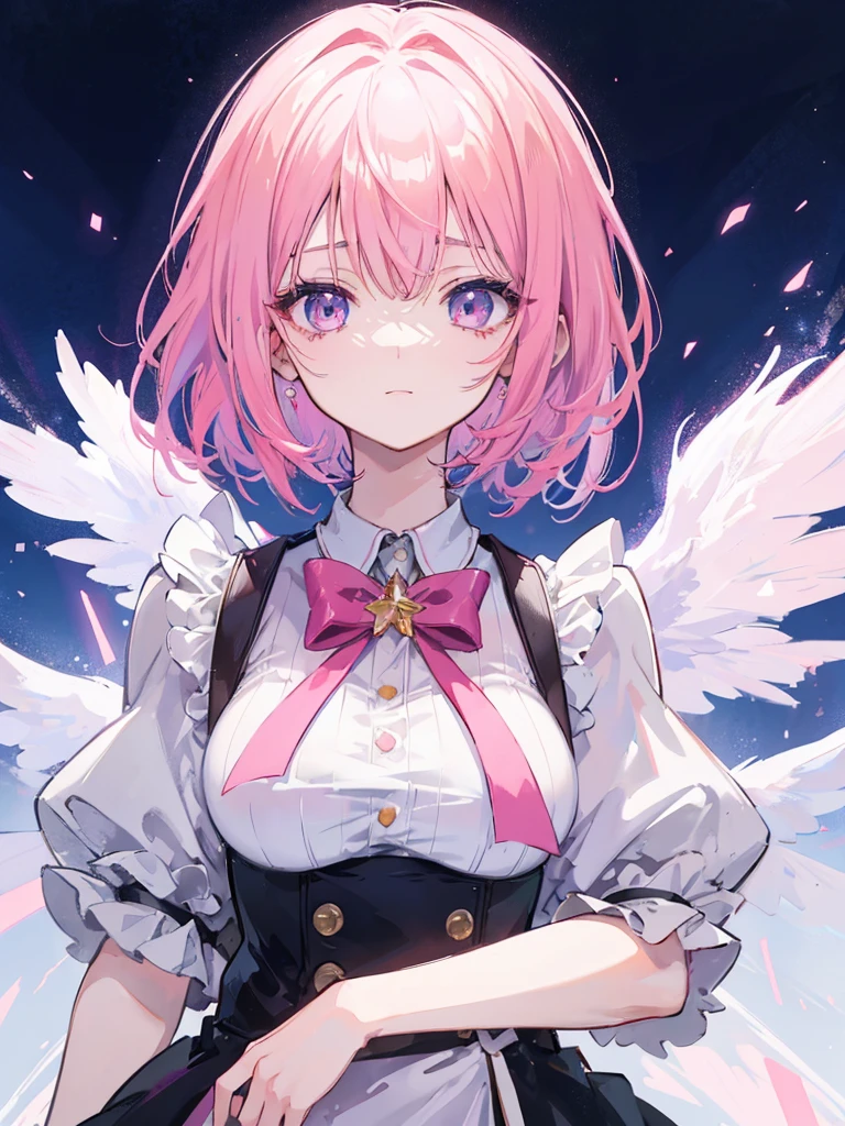 1girl, portrait, loli anime  with short pink hair wearing maid outfit, pink hair with few pieces of blue hair, pink eyes, close up face, detailed eyes, detailed hair, emotional lovely happy expression, crystal glowing eyes, cinematic lighting, extremely detailed body, face, clothes, (best quality,4k,8k,highres,masterpiece:1.2),ultra HD, masterpiece, very very anime style, bokeh, starry shining lighting, original characters,  with no boobs.