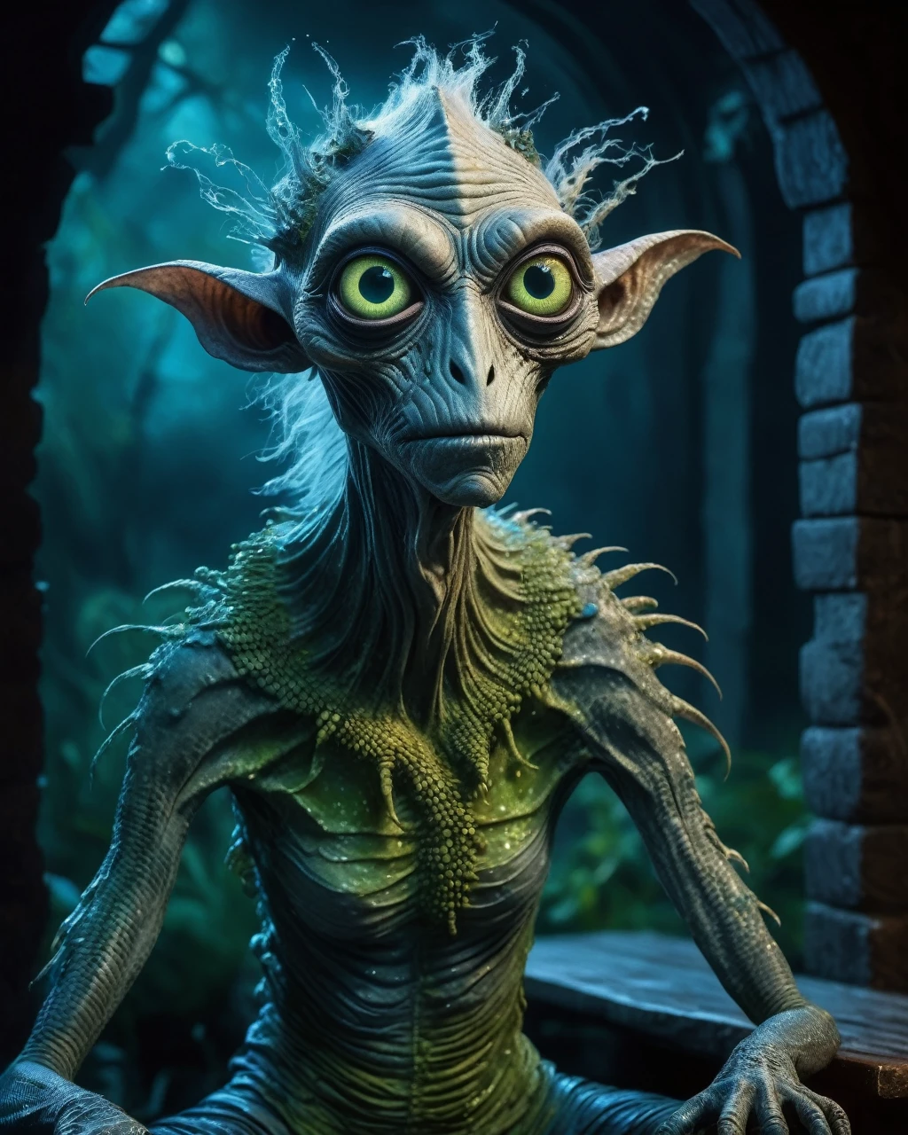 full body shot, ,psychedelic style of A beautiful tander alien female creature with lizard scale ,The iris looks weird, attractive, The stars  in space is reflected in the pupil, goose down eyelashes, long wavy luminescent hair, folk baggy clothes, bench outside the house of  the Lord of the Rings,full body length shot,beggar graphite Manganite sparas, wants eat,survival in criminal city of future,Cinematic,soft colors, Technicolor,natural skin textures, hyper realism, hyper detailed,Extremely detailed,High contrast,Masterpiece,Realistic,Ultra Detailed, intricate details,realistic humid leather,extremly intricate,Epic Realistic, cinematic style,irina yermolova,high contrast,hdr,extremely detailed, [deep night landscape],masterpiece,intricate details,faded,eyes extremely detailed, high detailed eyes,16k resolution,RAW,retina, Nikon Z9,China,Songbird,orc,Li River in Guangxi Zhuang of China,tkt style, Pisces, pointed ears，perfect, ginger，transition between two art styles, Ink painting to photorealism, Double contact, X-ray, Creative, vivid light, masterpiece, fantasy, Abstract, Surrealism, super detailed, high resolution, stop:35,(((creature with a spectral and ghostly appearance)). Her skin is pale, almost translucent. His eyes shine with a bluish glow, he wears dark, torn clothes that float around him, as if permeated by an aura of mourning. Its appearance is complemented by details such symbols of morning and gothic elements, further emphasizing its dark air. is portrayed as a haunted and tormented entity,pixar ,movie, animated movie still, still from the pixar movie, still from a pixar movie, disney ,