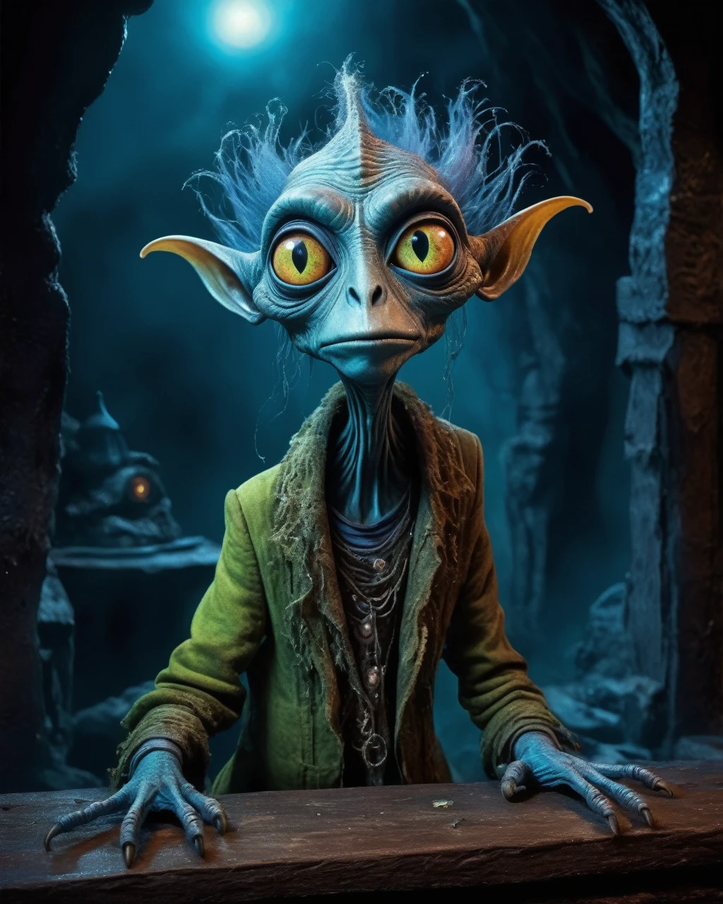 full body shot, ,psychedelic style of A beautiful tander alien female creature with lizard scale ,The iris looks weird, attractive, The stars  in space is reflected in the pupil, goose down eyelashes, long wavy luminescent hair, folk baggy clothes, bench outside the house of  the Lord of the Rings,full body length shot,beggar graphite Manganite sparas, wants eat,survival in criminal city of future,Cinematic,soft colors, Technicolor,natural skin textures, hyper realism, hyper detailed,Extremely detailed,High contrast,Masterpiece,Realistic,Ultra Detailed, intricate details,realistic humid leather,extremly intricate,Epic Realistic, cinematic style,irina yermolova,high contrast,hdr,extremely detailed, [deep night landscape],masterpiece,intricate details,faded,eyes extremely detailed, high detailed eyes,16k resolution,RAW,retina, Nikon Z9,China,Songbird,orc,Li River in Guangxi Zhuang of China,tkt style, Pisces, pointed ears，perfect, ginger，transition between two art styles, Ink painting to photorealism, Double contact, X-ray, Creative, vivid light, masterpiece, fantasy, Abstract, Surrealism, super detailed, high resolution, stop:35,(((creature with a spectral and ghostly appearance)). Her skin is pale, almost translucent. His eyes shine with a bluish glow, he wears dark, torn clothes that float around him, as if permeated by an aura of mourning. Its appearance is complemented by details such symbols of morning and gothic elements, further emphasizing its dark air. is portrayed as a haunted and tormented entity,pixar ,movie, animated movie still, still from the pixar movie, still from a pixar movie, disney ,