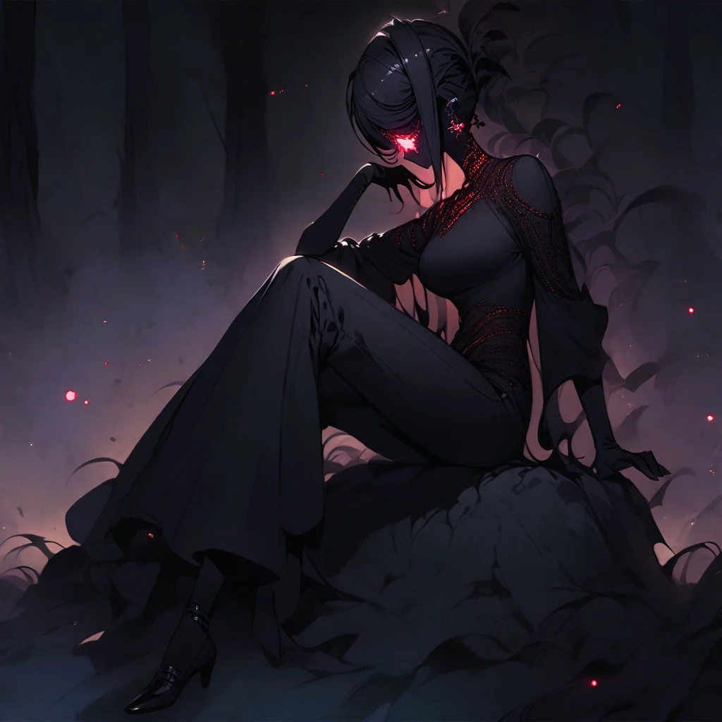 (well done:1)woman, completely dark skin, black spirals all over her body, long straight black hair, black cross earrings, completely white glowing eyes, black long-sleeved t-shirt with white spirals, black pants, black shoes. sitting on a rock in a forest