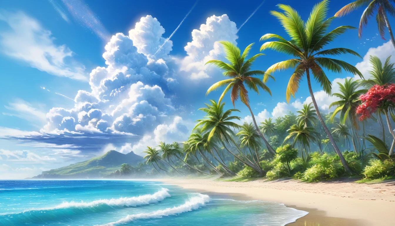 Tropical coast, A clear sky with cumulonimbus clouds,Palm tree,Blur the background,Pleasant sea breeze,Glitter effect,Highest quality, 8K, High resolution, masterpiece:1.2, Very detailed, Realistic:1.37, High resolution, 超High resolution, Ultra-fine painting, Very detailed, Professional, Vibrant colors