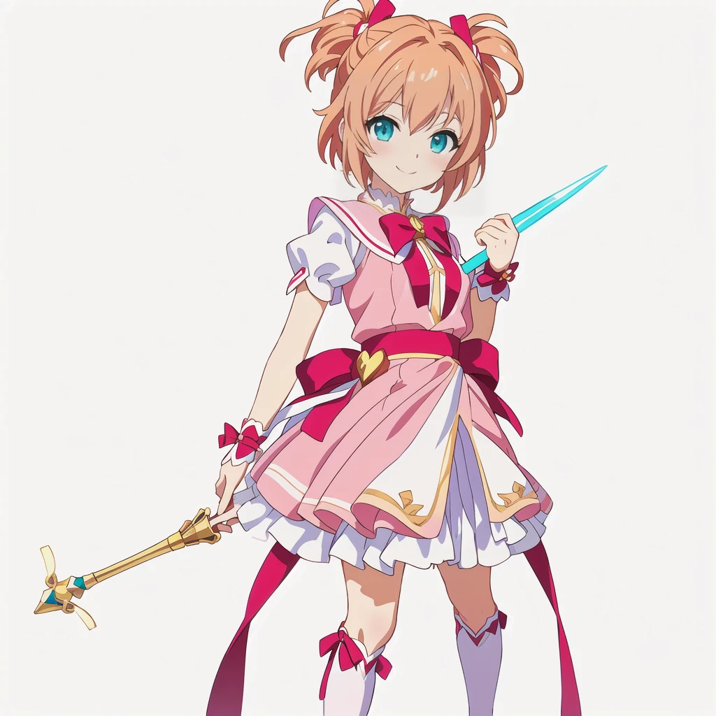 Highest quality, high resolution, High quality anime art style, Official Art, Smooth anime CG art, Stylized anime, Cute 3D anime girl render, Visual Novel Sprites, White background, whole body, Anime-style 3D, Smooth anime CG art, Humanoid Girl, JRPG Characters, Magical Girl Style, Anime girl in a pink dress with a red ribbon, Chestnut Hair, Cyan Eyes, short hair, smile, He holds a magic wand in his right hand , Small Bust, Small breasts,