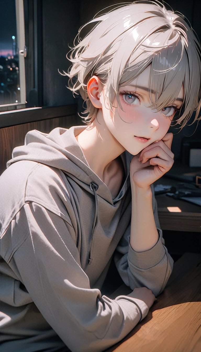 (8K, RAW photos, best quality, masterpiece: 1.4), (((The boy sits at the desk))),Ultra-high resolution, Extremely detailed, light, Upper body close-up, handsome boy, black eyes, (delicate eyes, Eyes are bright:1.2), Gray short hair, Fair skin,dark, Grey sweatshirt, sweatshirt with hood,(perfect anatomy:1.2), High-quality shadows, Natural Lighting, (White highlights:1.2), night, cloudy day, (at home:1.2), (Boning knife in hand:1.2)