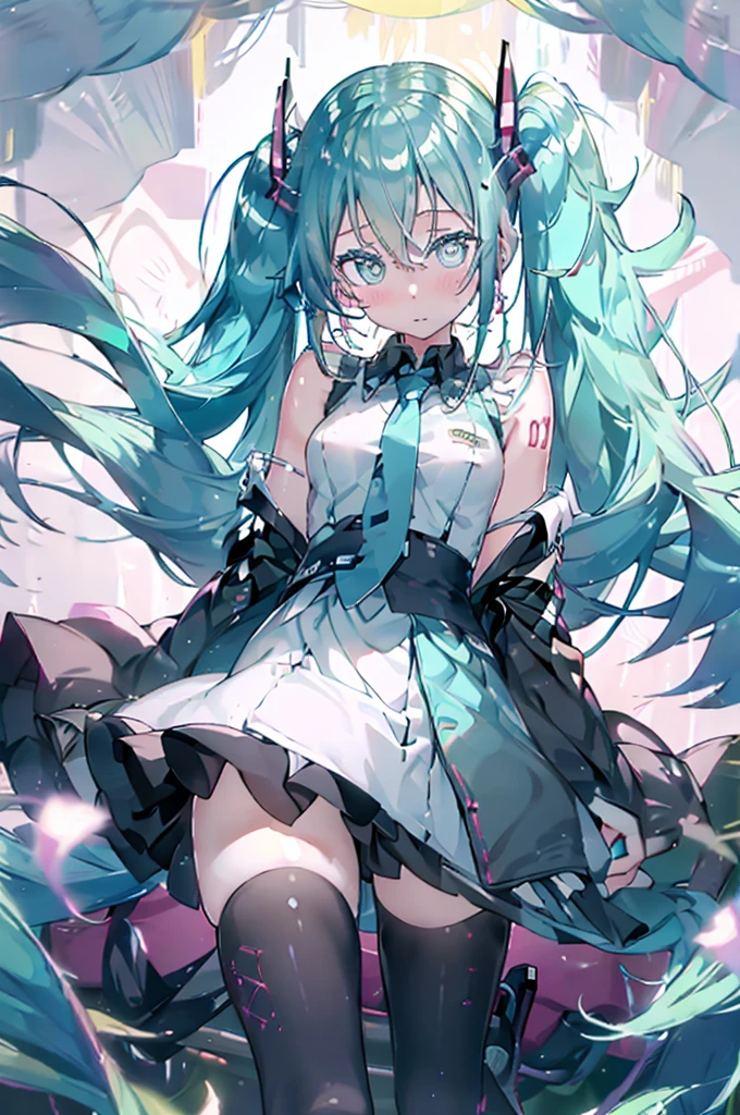 up close shot, Close-up of the eyes, ((masterpiece)), ((Ultra-detail)), pixiv, Best Shadows, The best lighting, best qualtiy, cinematic shot, 1girl, solo, bangss, Subject seismic intensity, paint, portraitures, length hair, bluntbangs, cparted lips, Paint Splatter, hatsune miku, see the beholder, ((Colorful eyes)), chromatic abberation,