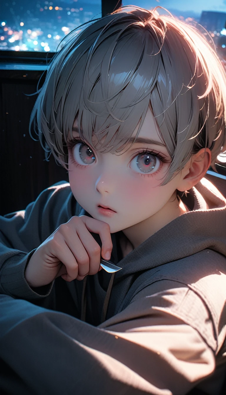 (8K, RAW photos, best quality, masterpiece: 1.4), (((The boy sits at the desk)))，Ultra-high resolution, Extremely detailed, light, Upper body close-up, handsome boy, black eyes, (delicate eyes, Eyes are bright:1.2), Gray short hair, Fair skin,dark, Grey sweatshirt, sweatshirt with hood,(perfect anatomy:1.2), High-quality shadows, Natural Lighting, (White highlights:1.2), night, cloudy day, (at home:1.2), (Boning knife in hand:1.2)