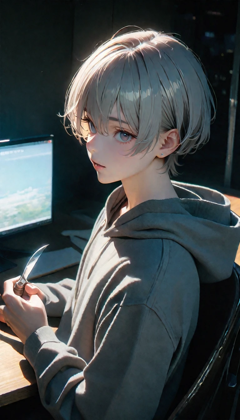 (8K, RAW photos, best quality, masterpiece: 1.4), (((The boy sits at the desk))),Ultra-high resolution, Extremely detailed, light, Upper body close-up, handsome boy, black eyes, (delicate eyes, Eyes are bright:1.2), Gray short hair, Fair skin,dark, Grey sweatshirt, sweatshirt with hood,(perfect anatomy:1.2), High-quality shadows, Natural Lighting, (White highlights:1.2), night, cloudy day, (at home:1.2), (Boning knife in hand:1.2)
