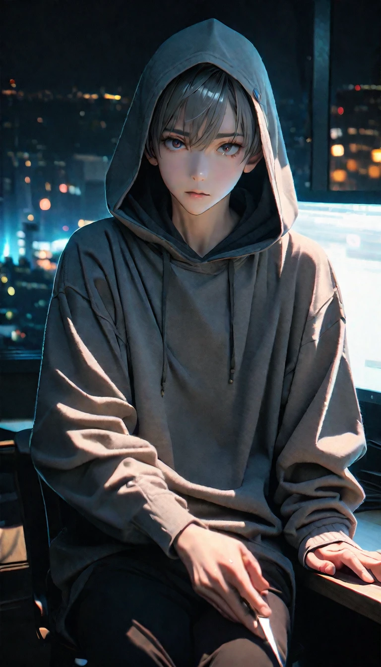 (8K, RAW photos, best quality, masterpiece: 1.4), (((The boy sits at the desk)))，Ultra-high resolution, Extremely detailed, light, Upper body close-up, handsome boy, black eyes, (delicate eyes, Eyes are bright:1.2), Gray short hair, Fair skin,dark, Grey sweatshirt, sweatshirt with hood,(perfect ???????:1.2), High-quality shadows, Natural Lighting, (White highlights:1.2), night, cloudy day, (at home:1.2), (Boning knife in hand:1.2)