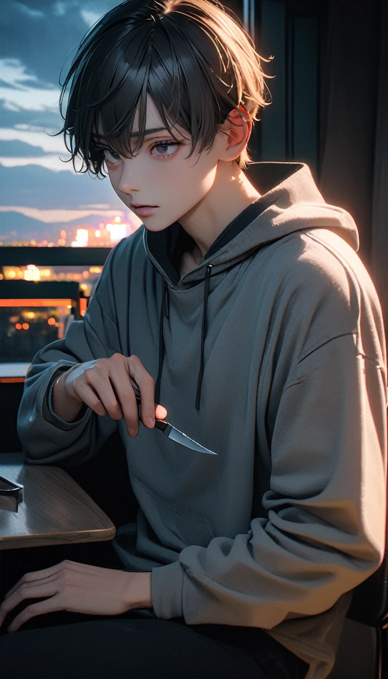 (8K, RAW photos, best quality, masterpiece: 1.4), (((The boy sits at the desk))),Ultra-high resolution, Extremely detailed, light, Upper body close-up, handsome boy, black eyes, (delicate eyes, Eyes are bright:1.2), Gray short hair, Fair skin,dark, Grey sweatshirt, sweatshirt with hood,(perfect anatomy:1.2), High-quality shadows, Natural Lighting, (White highlights:1.2), night, cloudy day, (at home:1.2), (Boning knife in hand:1.2)